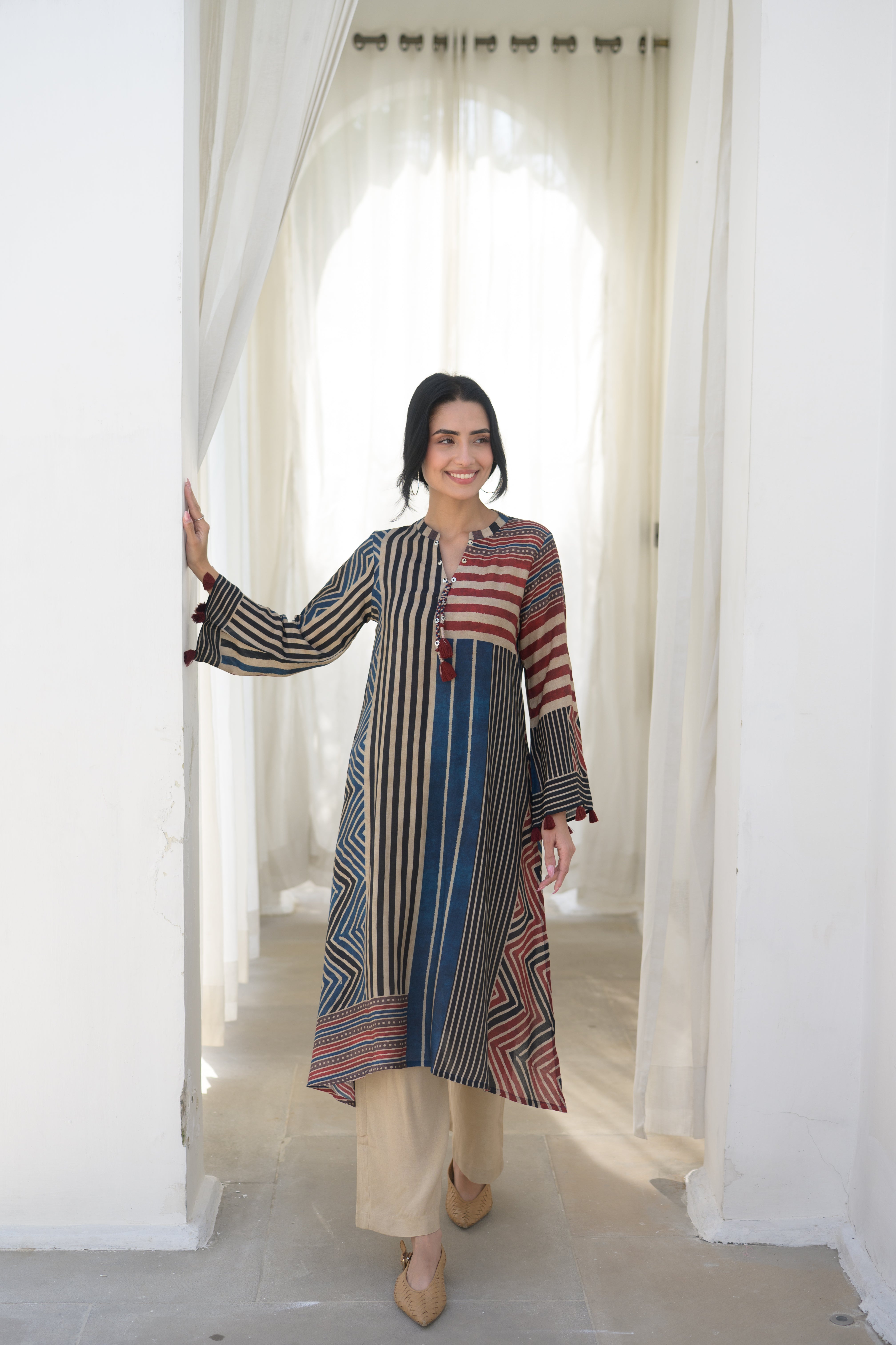 Red and Blue Stripes Muslin A Line Kurta Set