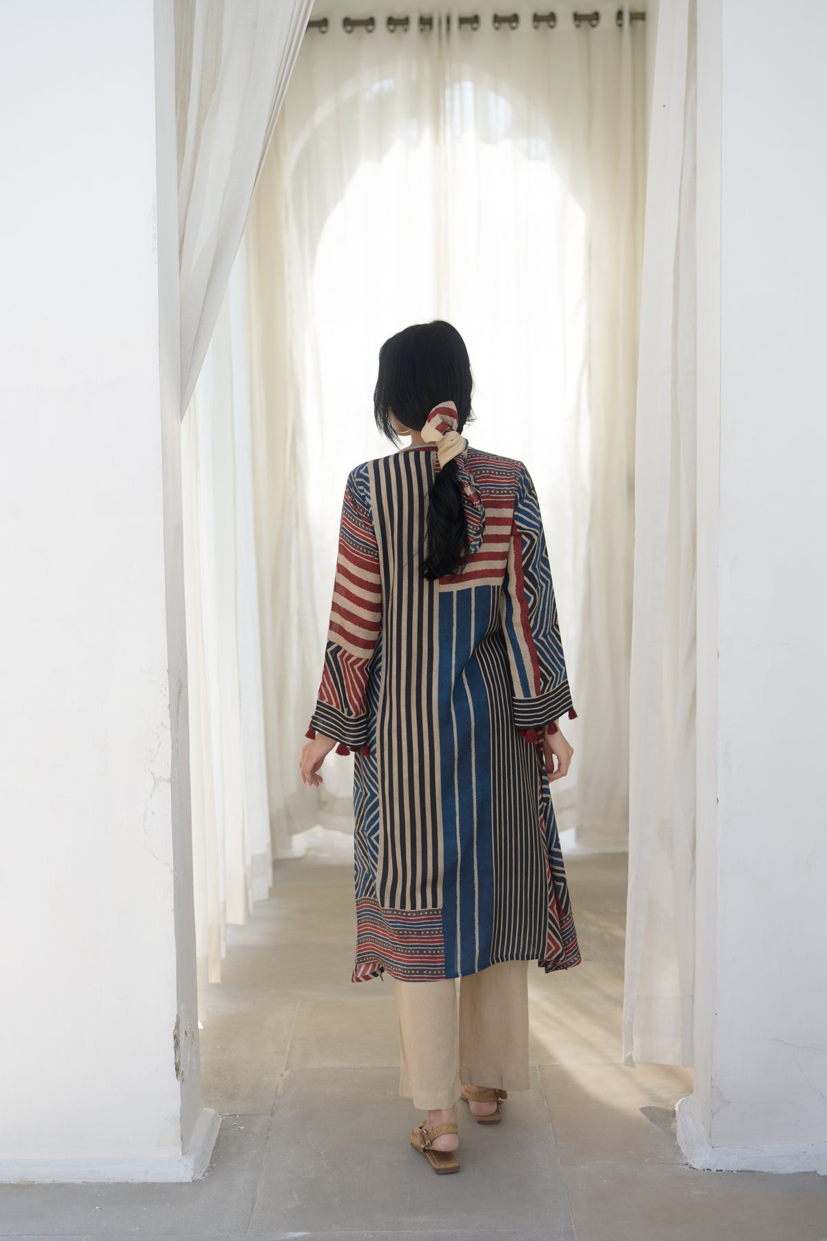 Red and Blue Stripes Muslin A Line Kurta Set