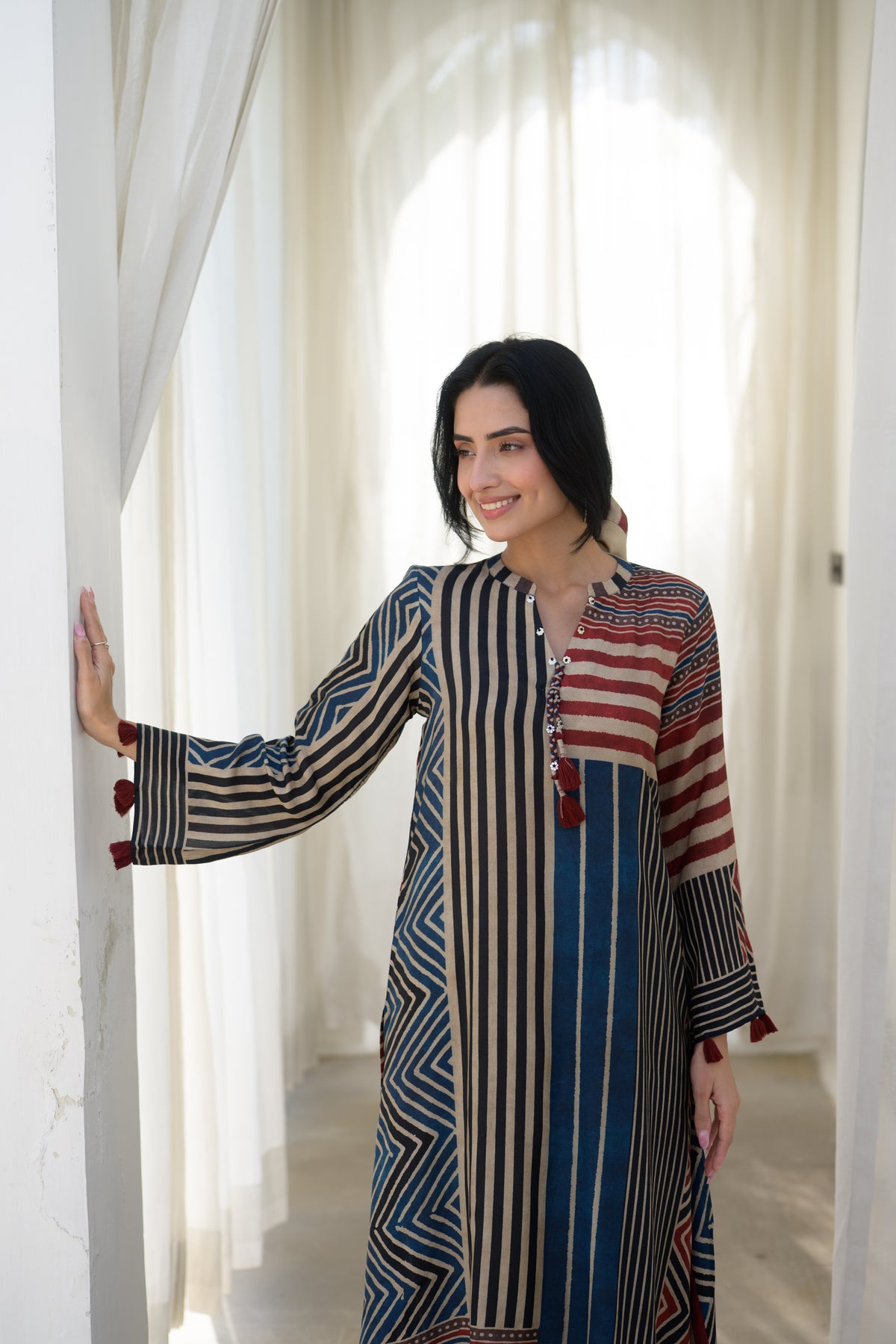 Red and Blue Stripes Muslin A Line Kurta Set