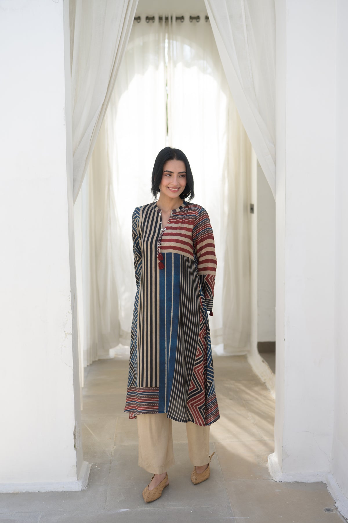 Red and Blue Stripes Muslin A Line Kurta Set