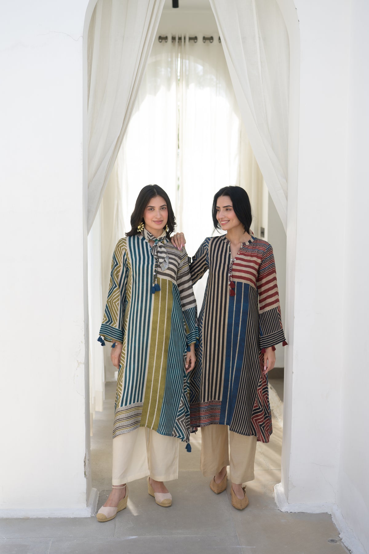Red and Blue Stripes Muslin A Line Kurta Set