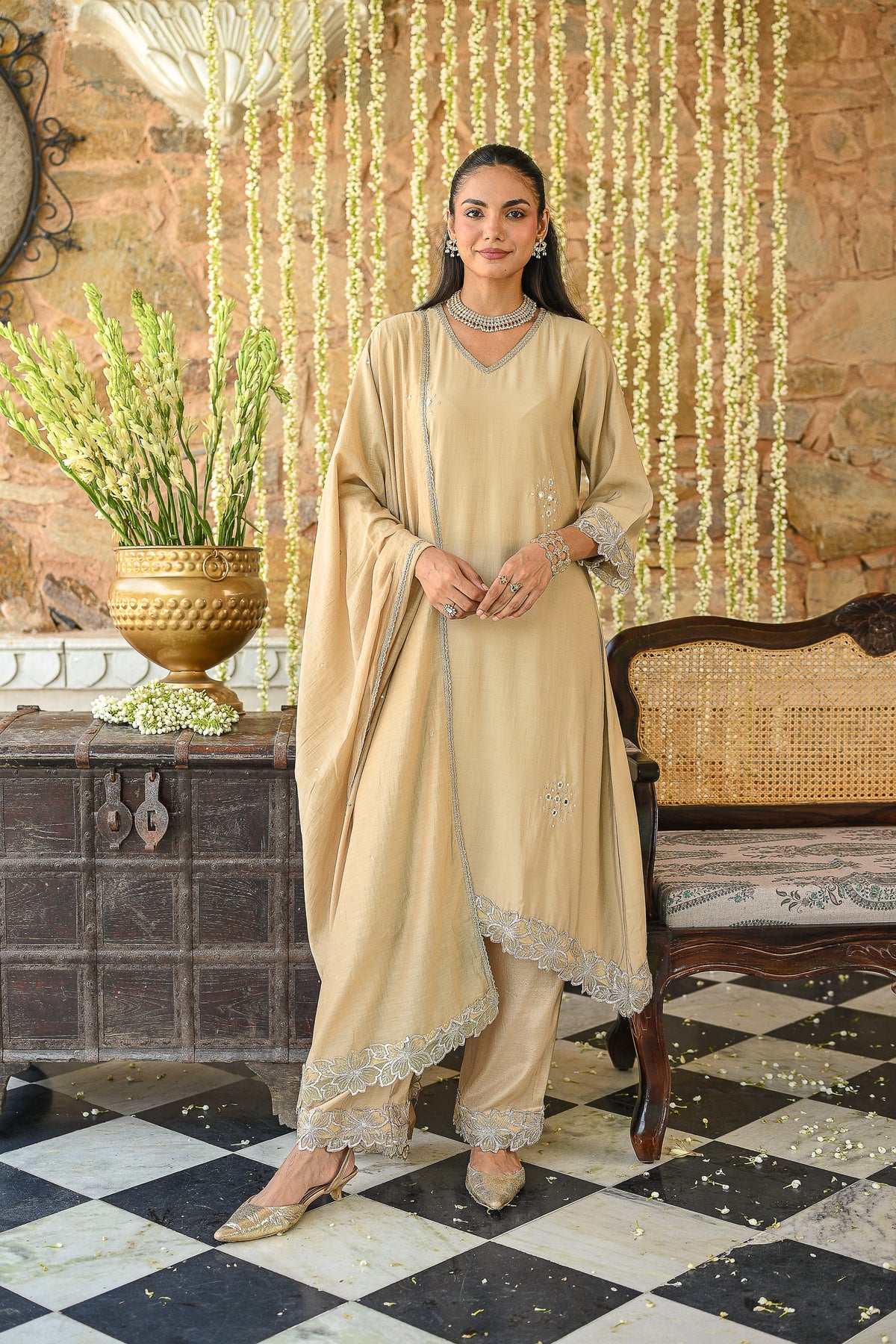 Beige Cut work Scallope Dupatta and Pant Mul Chanderi Suit