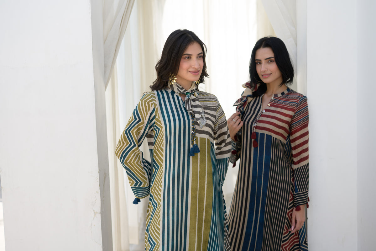 Red and Blue Stripes Muslin A Line Kurta Set