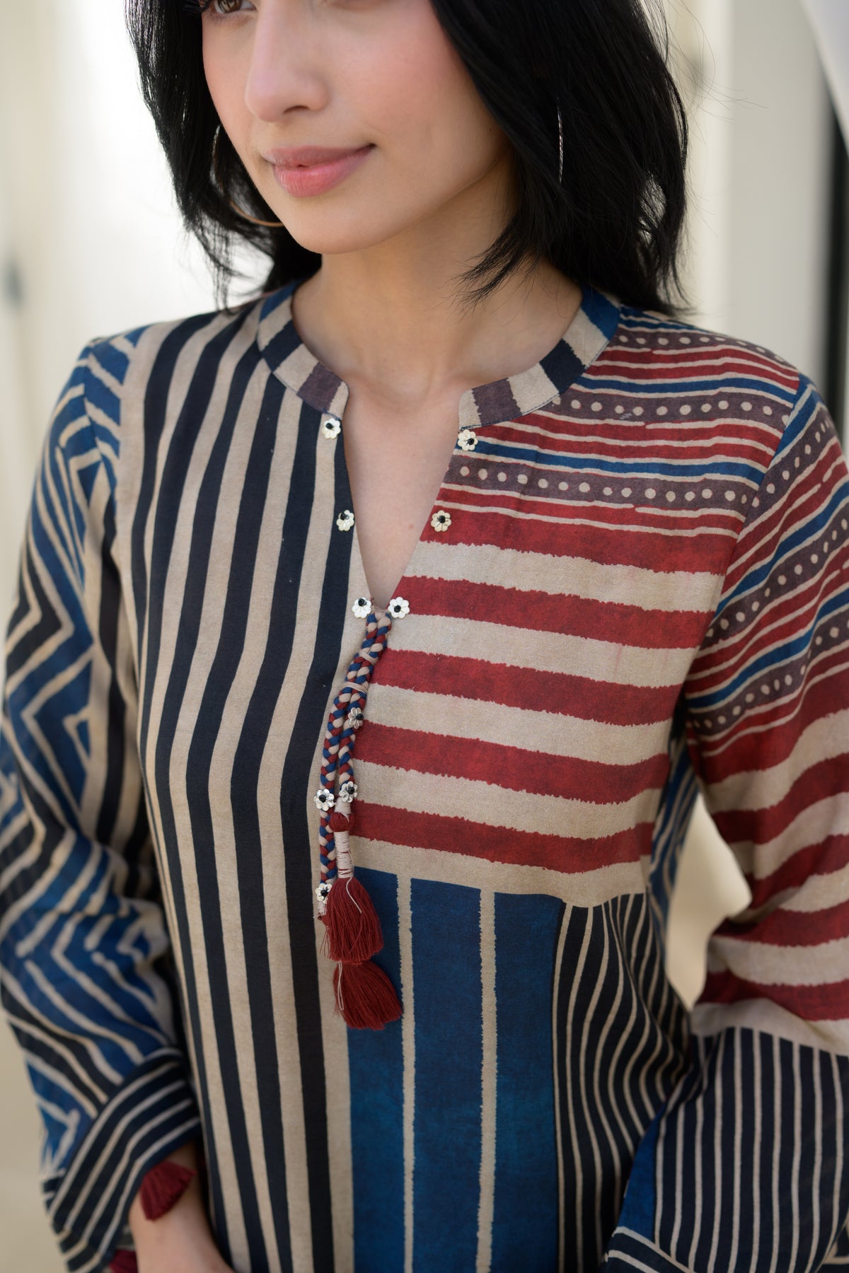 Red and Blue Stripes Muslin A Line Kurta Set