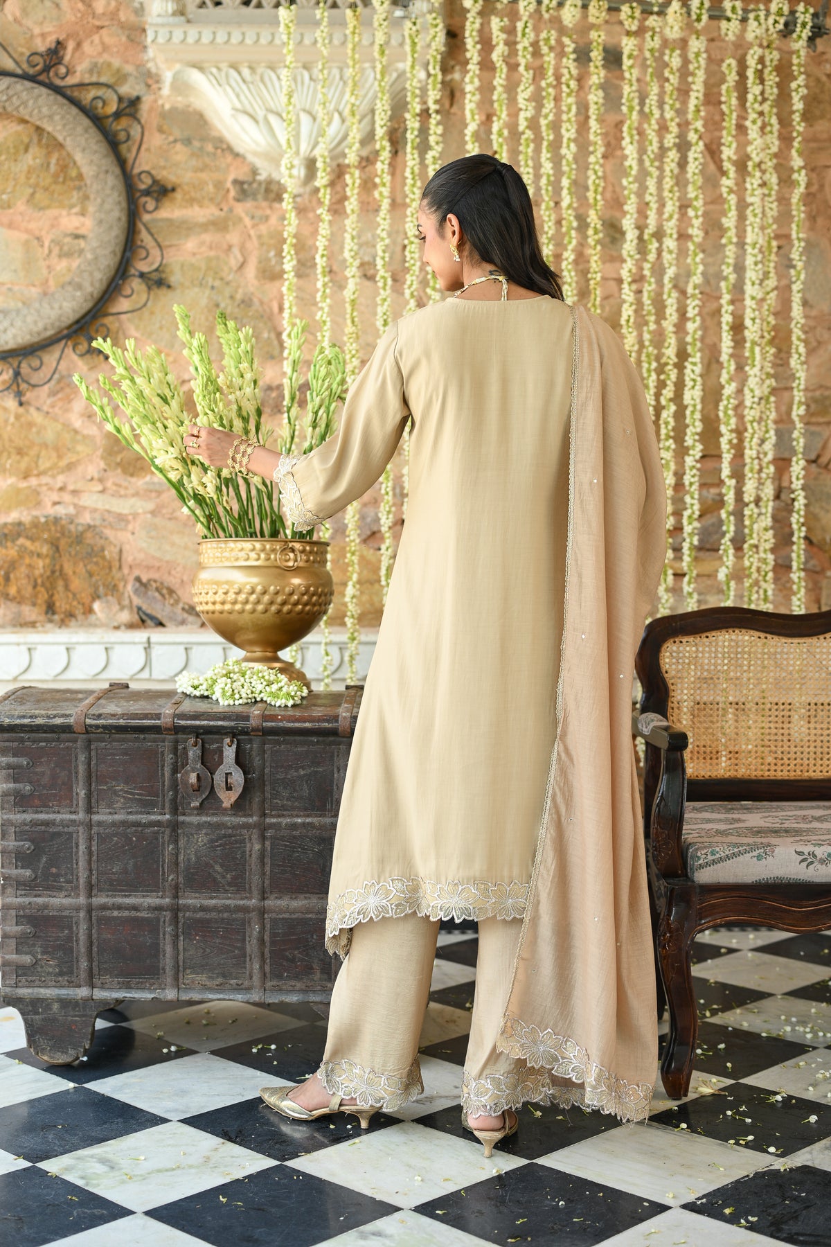 Beige Cut work Scallope Dupatta and Pant Mul Chanderi Suit