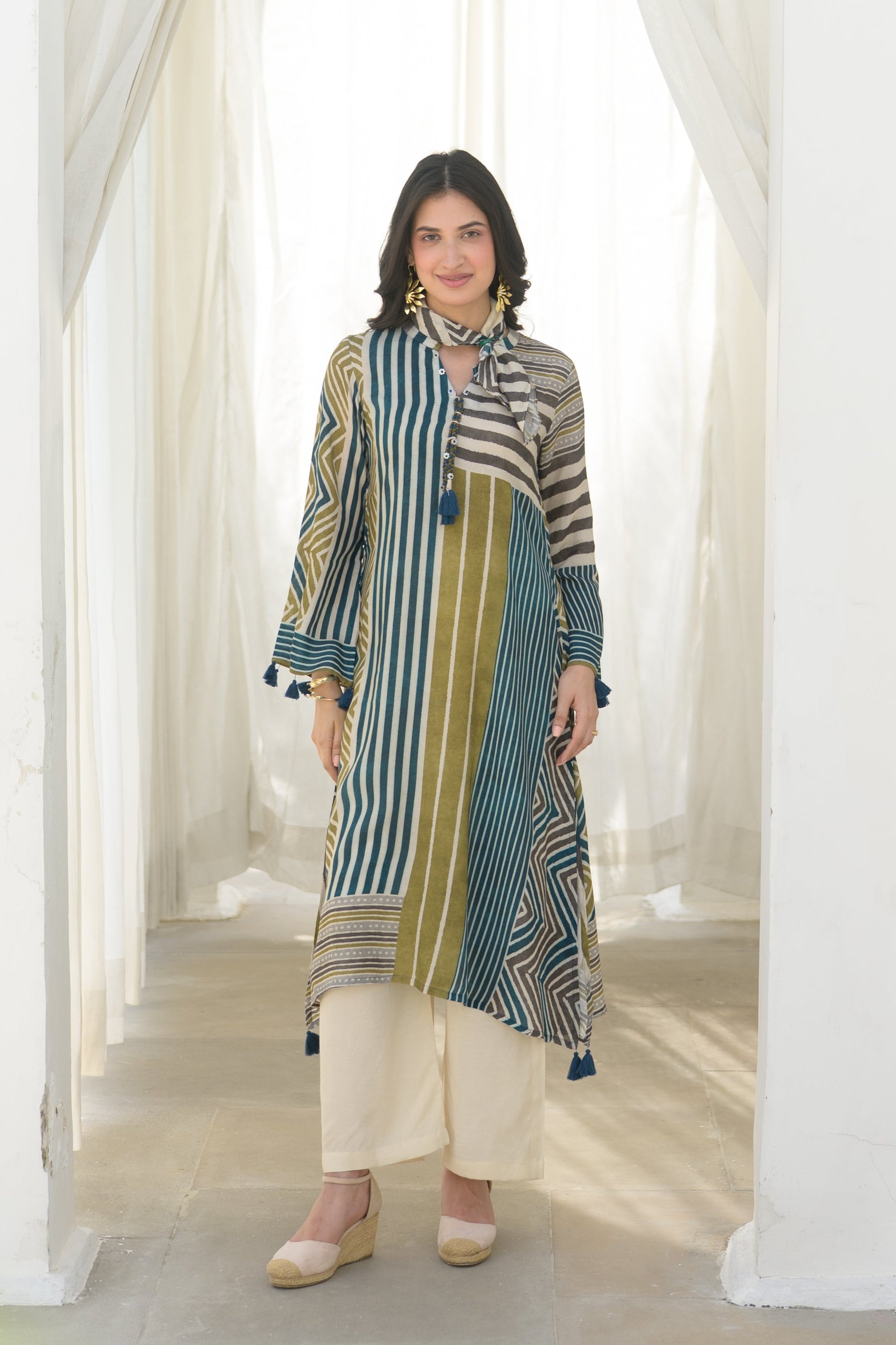 Mustard and Green Stripes Muslin A Line Kurta Set