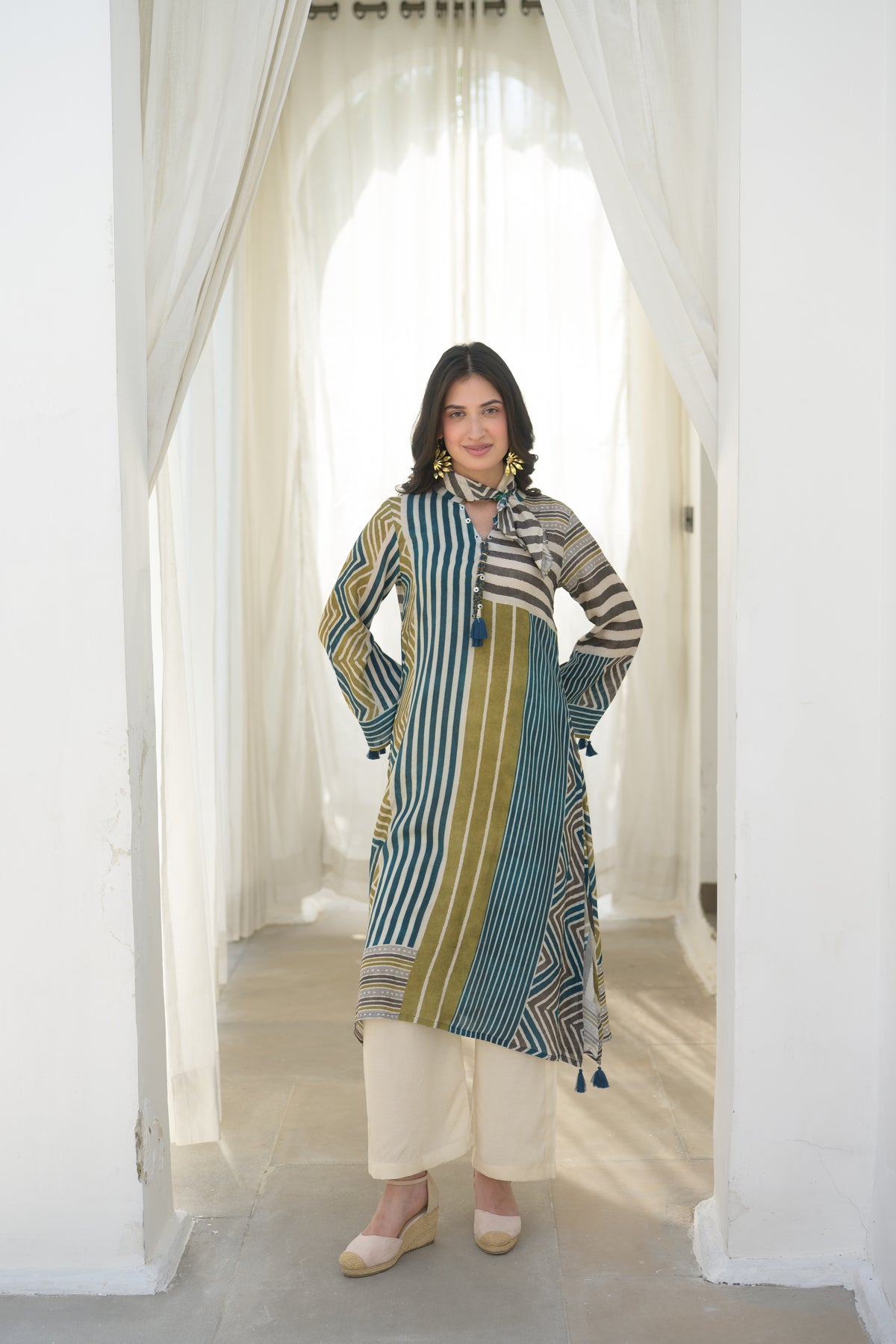 Mustard and Green Stripes Muslin A Line Kurta Set