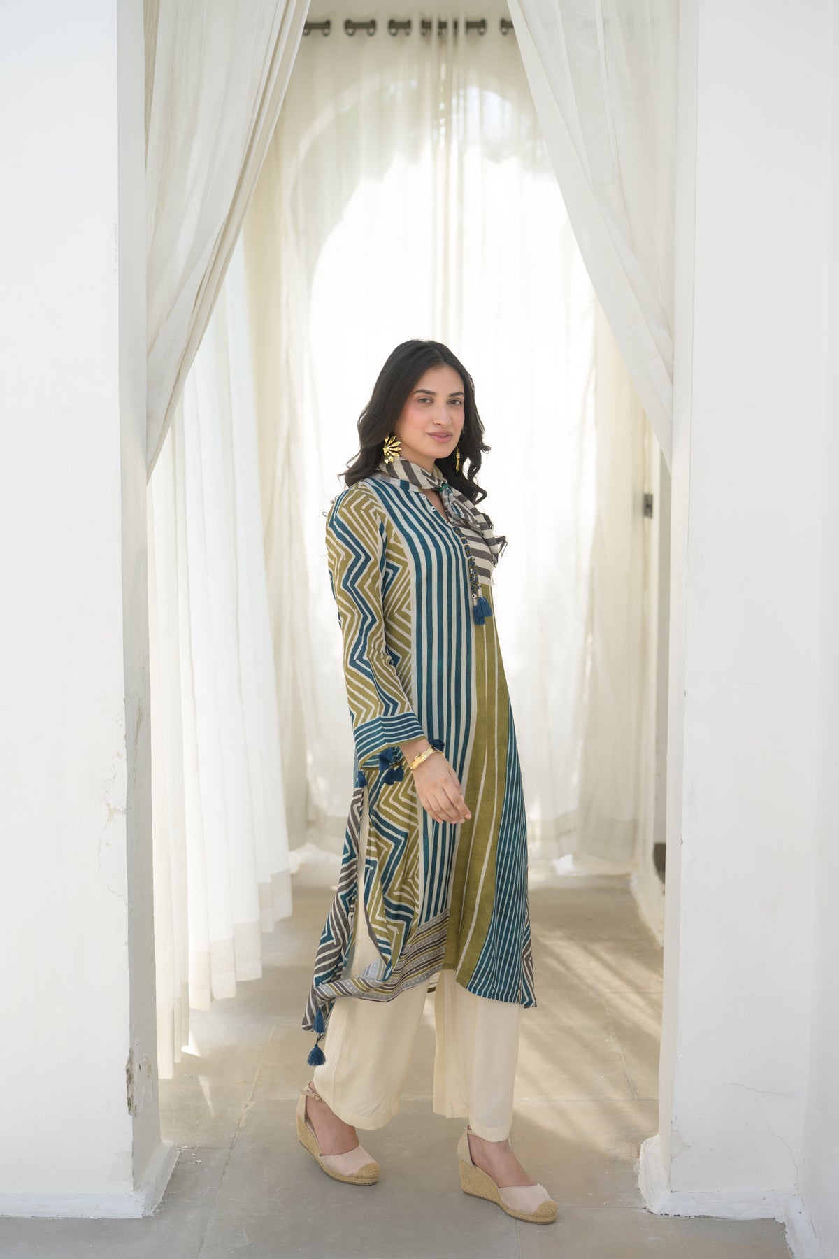 Mustard and Green Stripes Muslin A Line Kurta Set