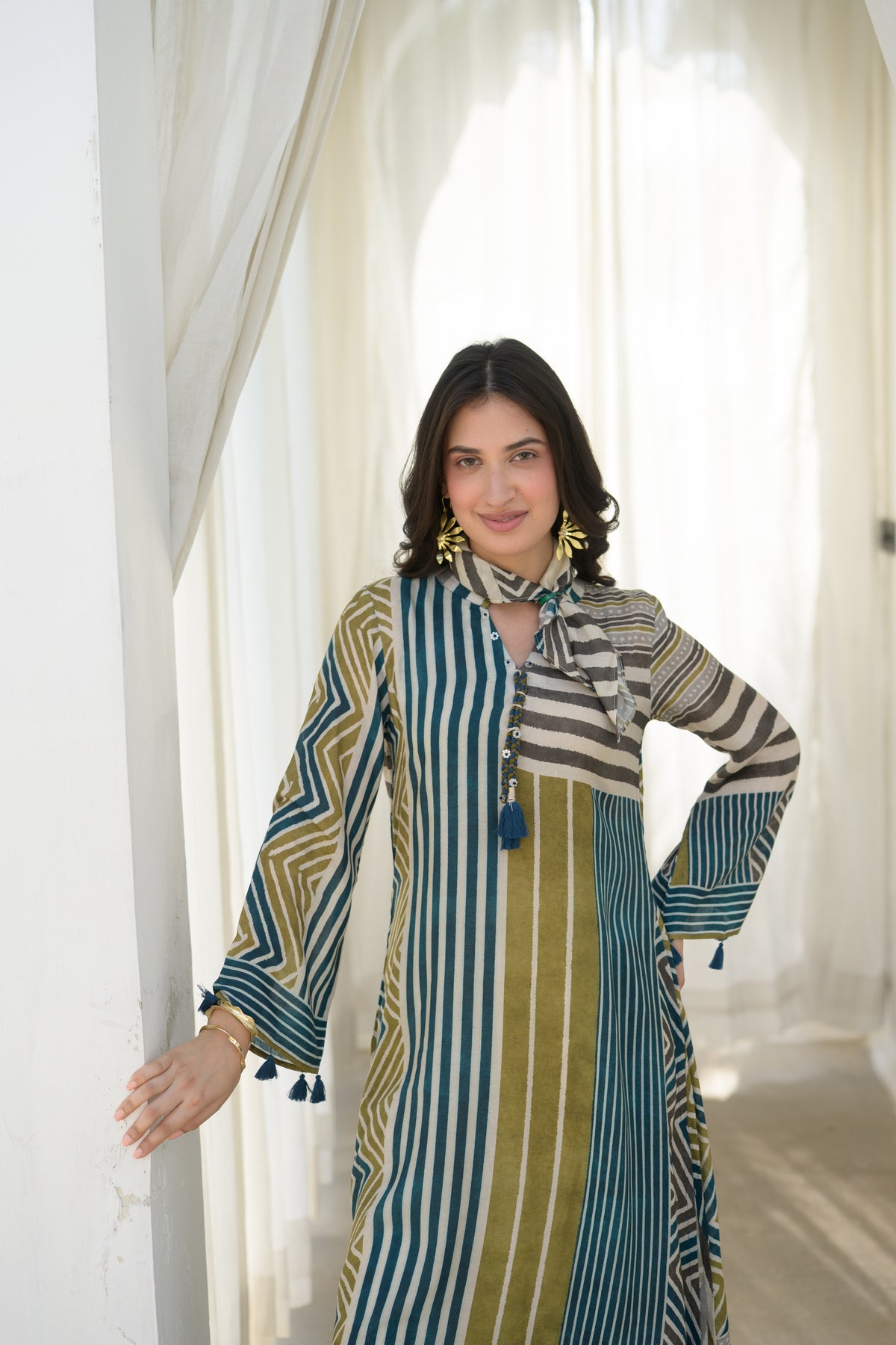 Mustard and Green Stripes Muslin A Line Kurta Set