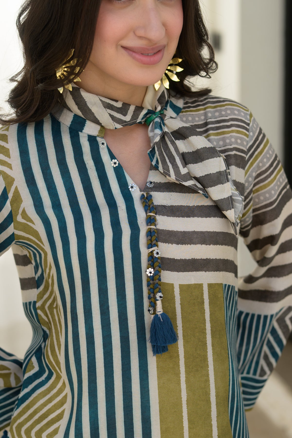 Mustard and Green Stripes Muslin A Line Kurta Set