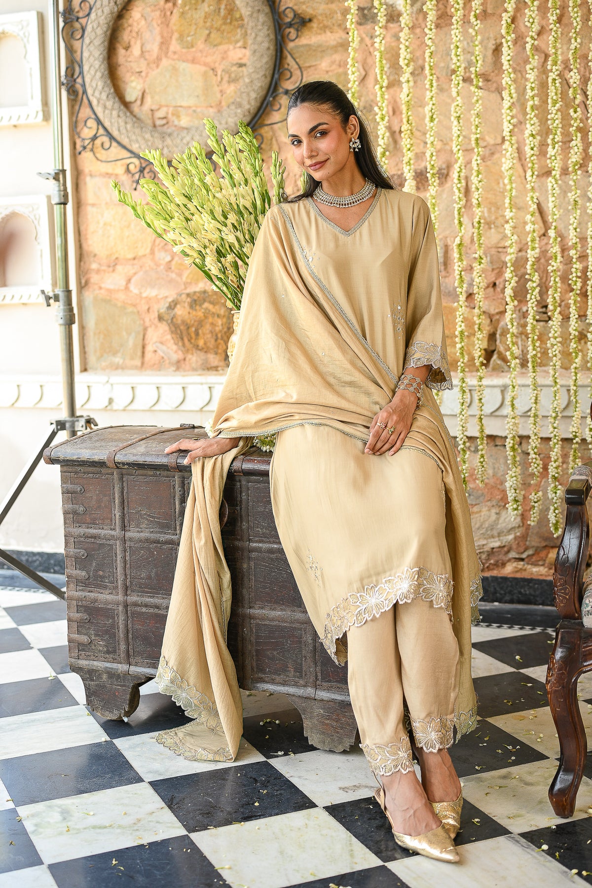 Beige Cut work Scallope Dupatta and Pant Mul Chanderi Suit