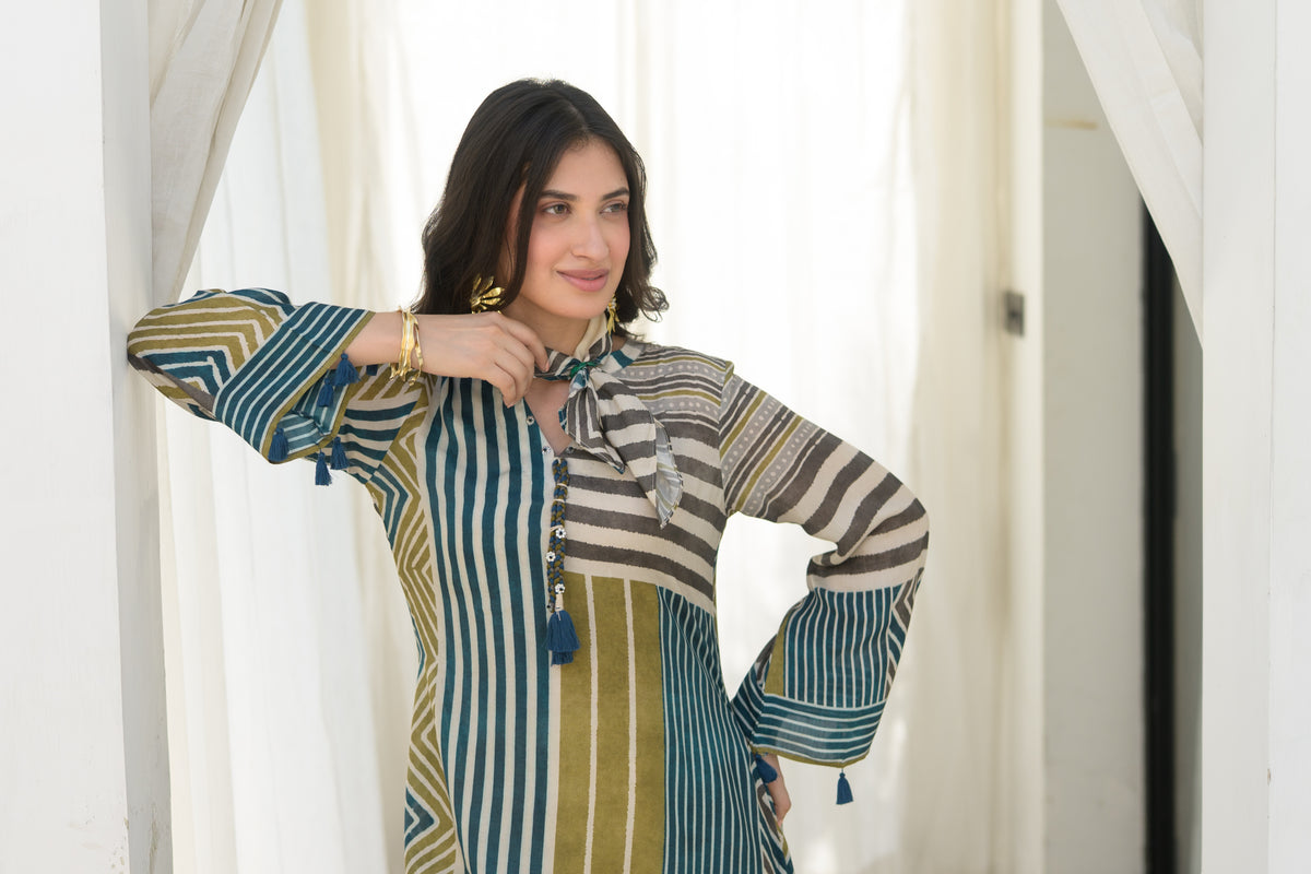 Mustard and Green Stripes Muslin A Line Kurta Set