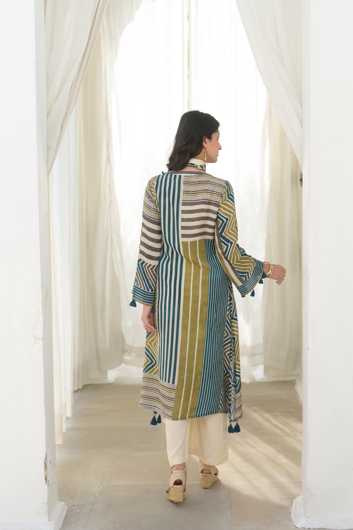 Mustard and Green Stripes Muslin A Line Kurta Set