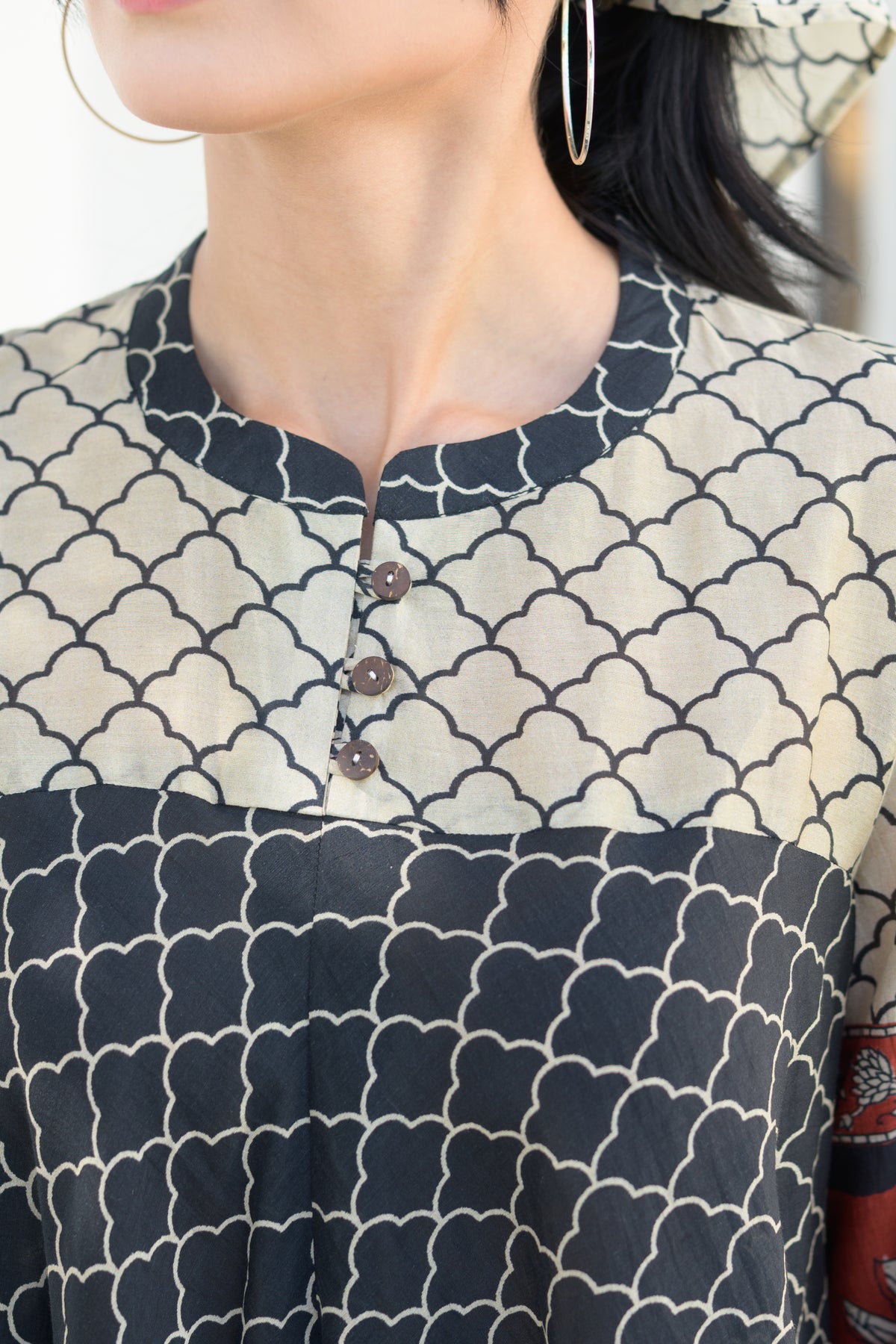 Black & Rust Jaal Print Peplum Top with Lotus Sleeves