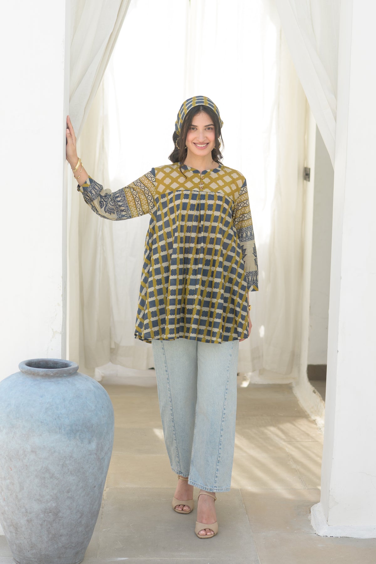 Mustard & Indigo Grid Print Peplum Top with Lotus Border Sleeves