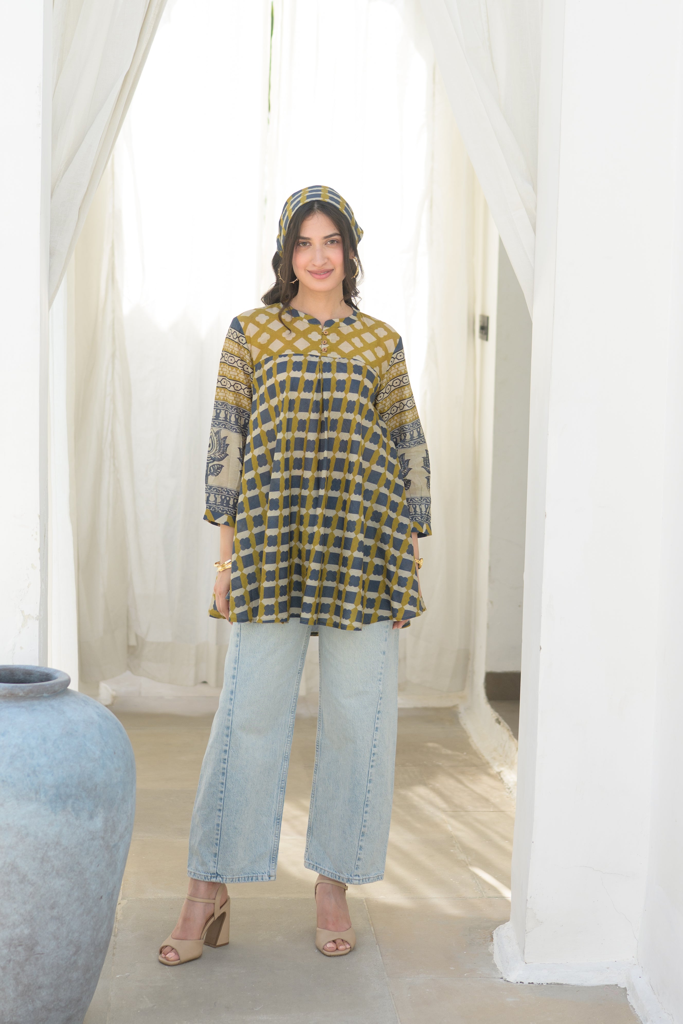 Mustard & Indigo Grid Print Peplum Top with Lotus Border Sleeves