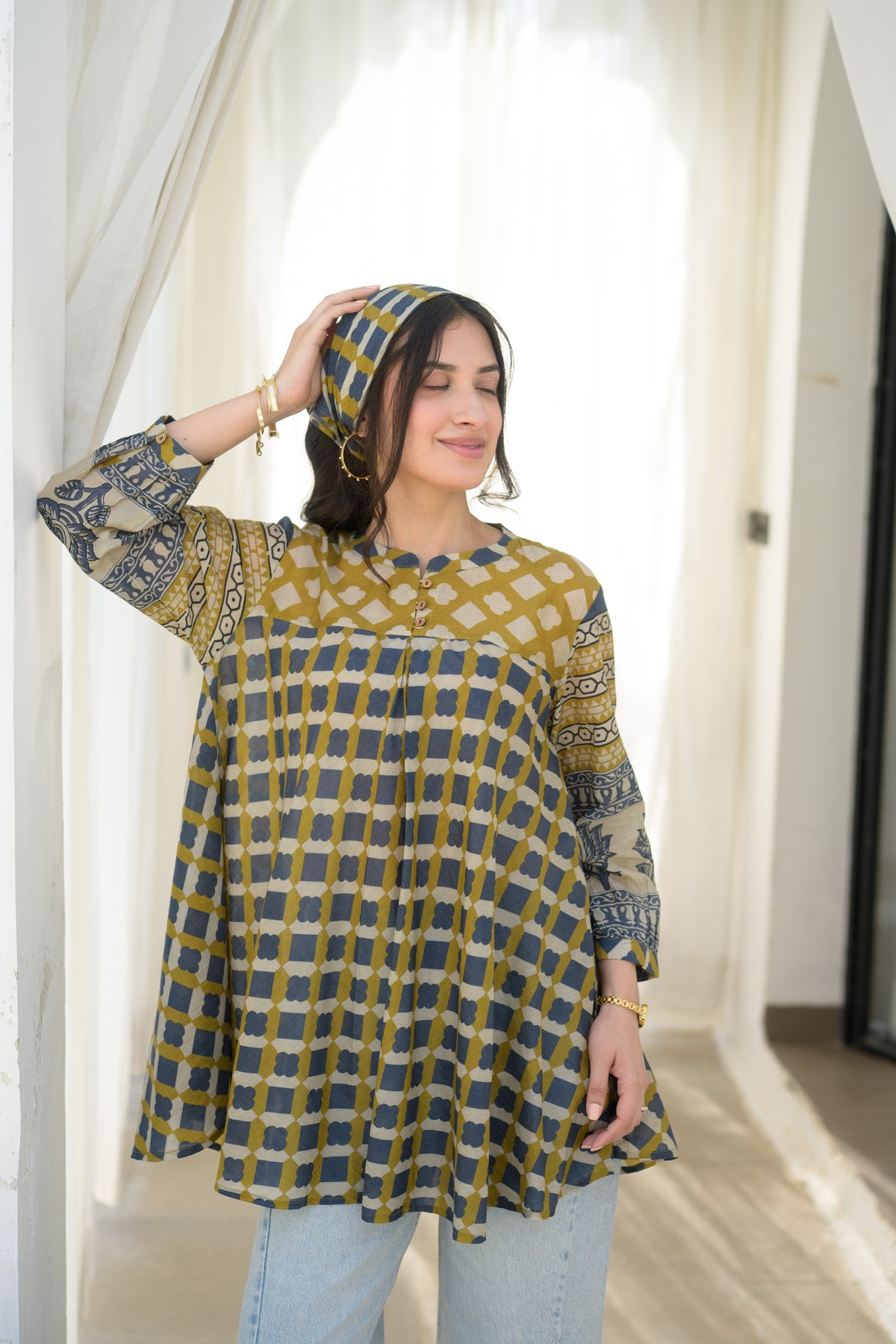 Mustard & Indigo Grid Print Peplum Top with Lotus Border Sleeves