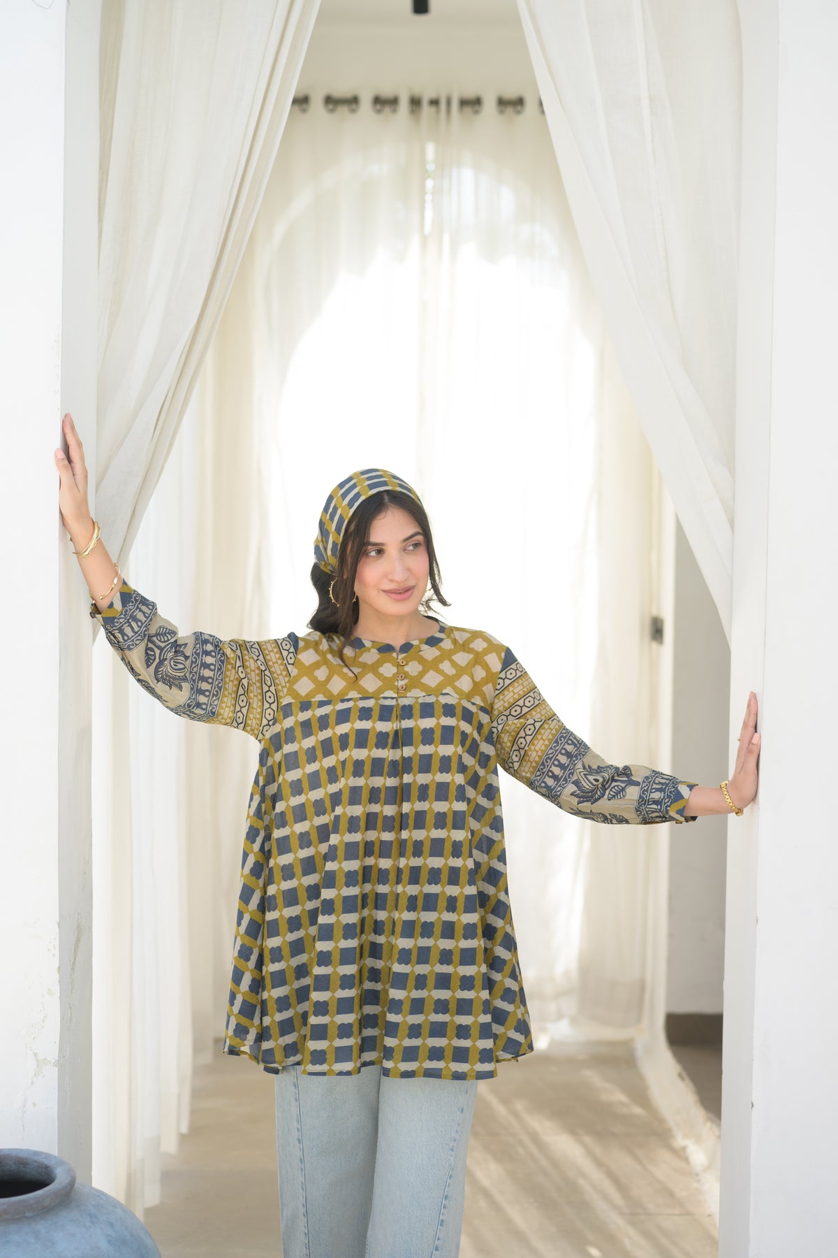 Mustard & Indigo Grid Print Peplum Top with Lotus Border Sleeves
