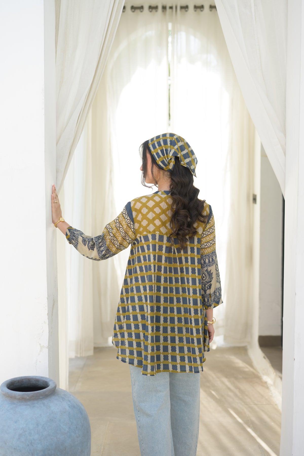 Mustard & Indigo Grid Print Peplum Top with Lotus Border Sleeves