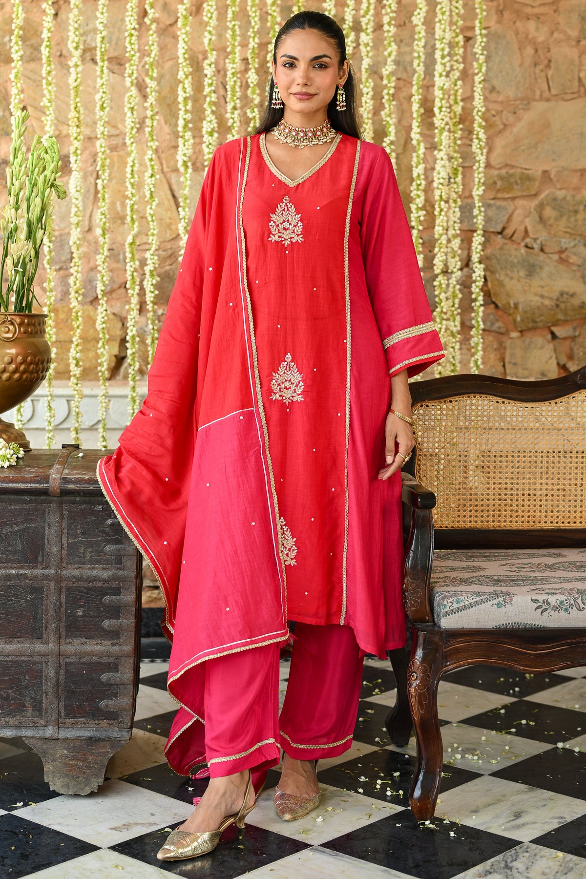Pink and Orange Tyohaar Gota Work Mul Chanderi Suit Set