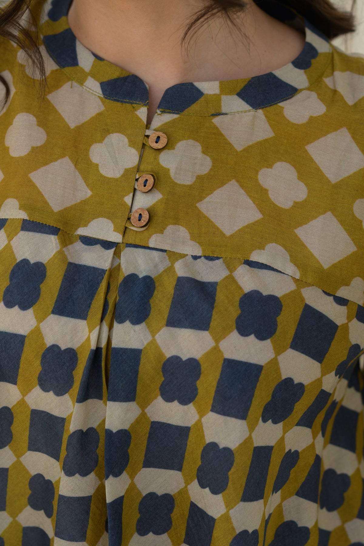 Mustard & Indigo Grid Print Peplum Top with Lotus Border Sleeves