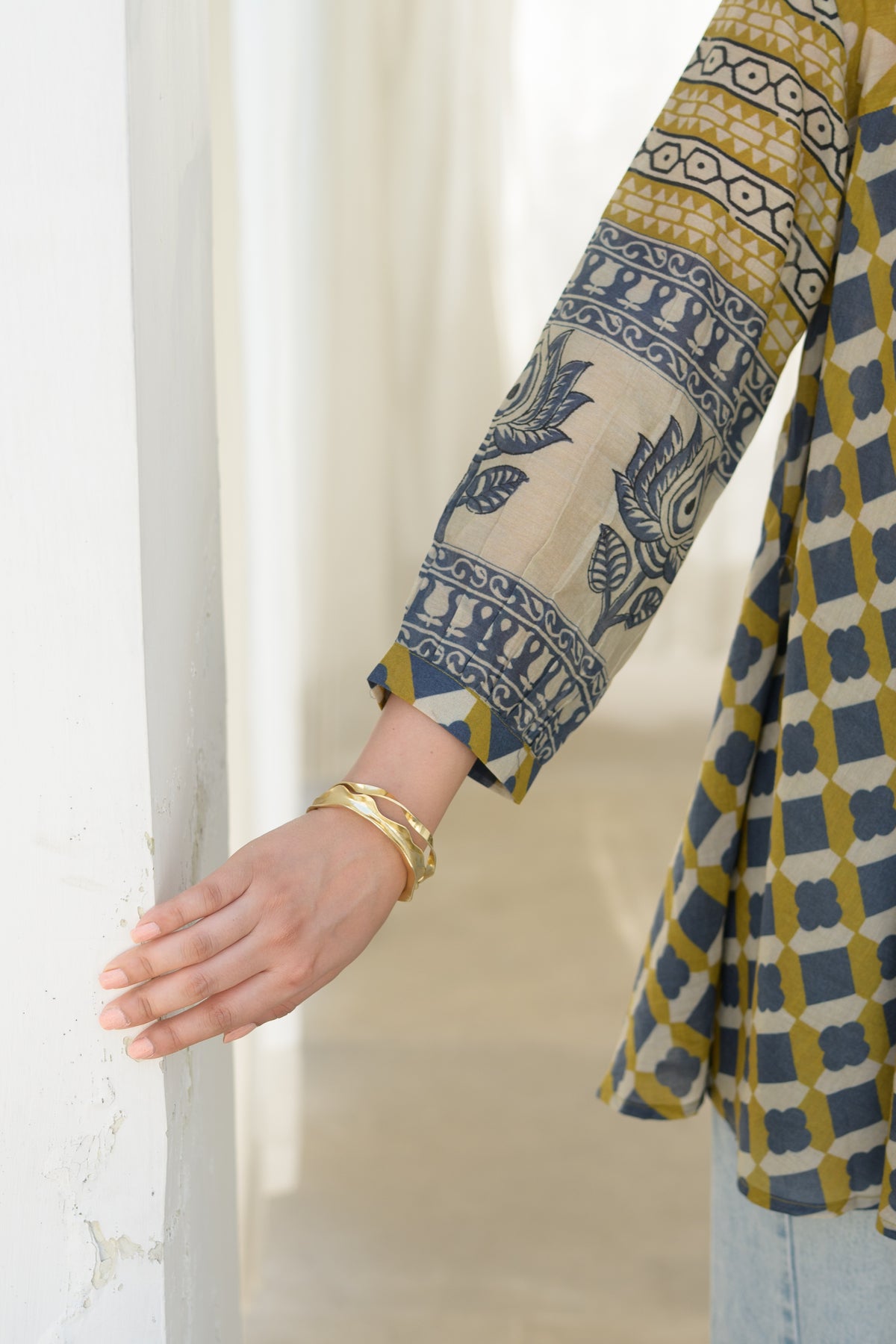 Mustard & Indigo Grid Print Peplum Top with Lotus Border Sleeves
