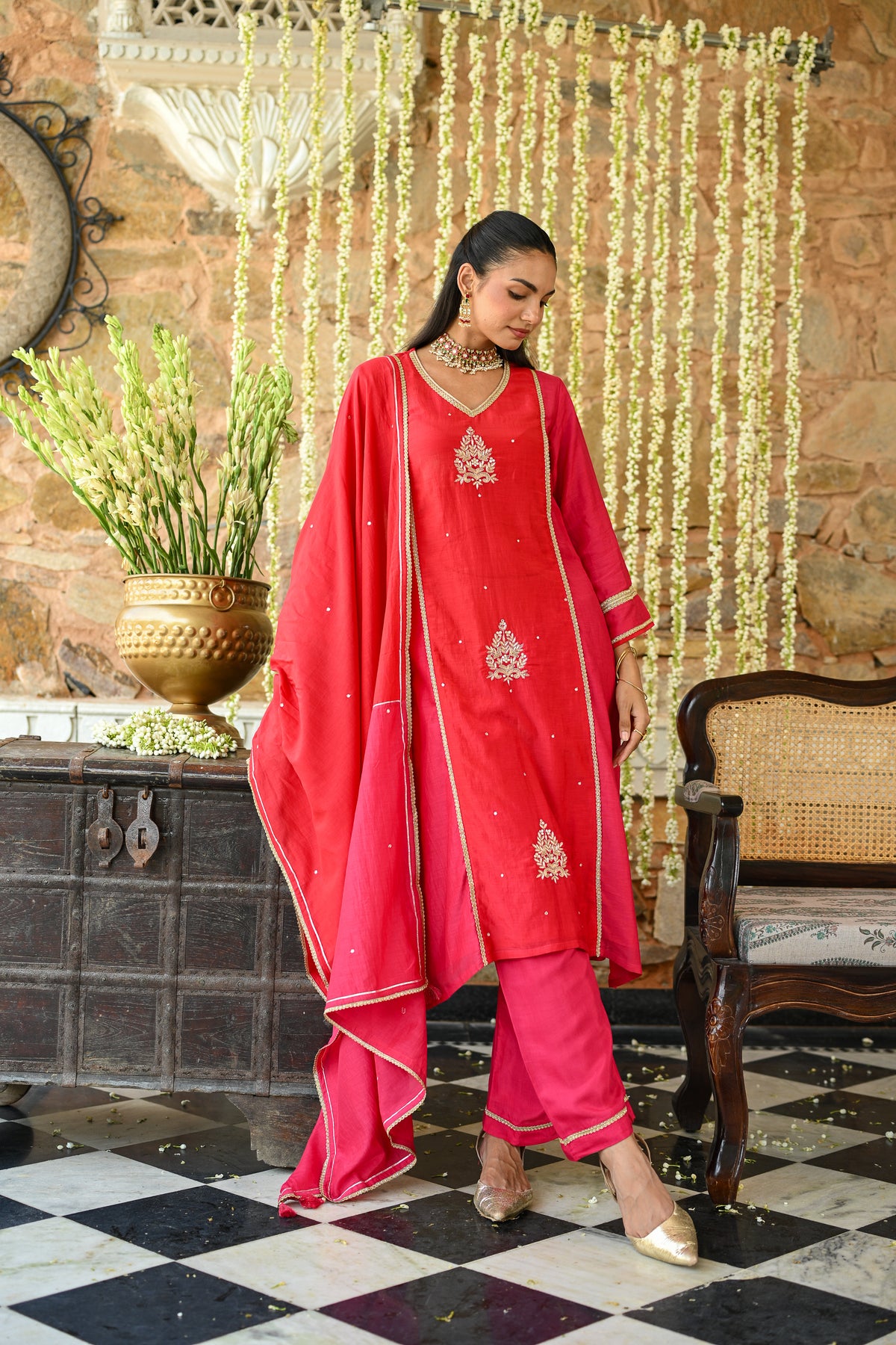 Pink and Orange Tyohaar Gota Work Mul Chanderi Suit Set