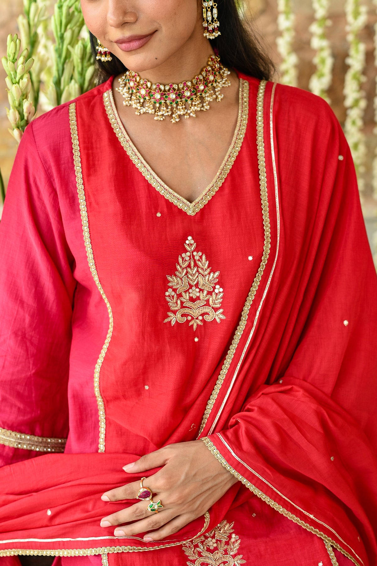 Pink and Orange Tyohaar Gota Work Mul Chanderi Suit Set