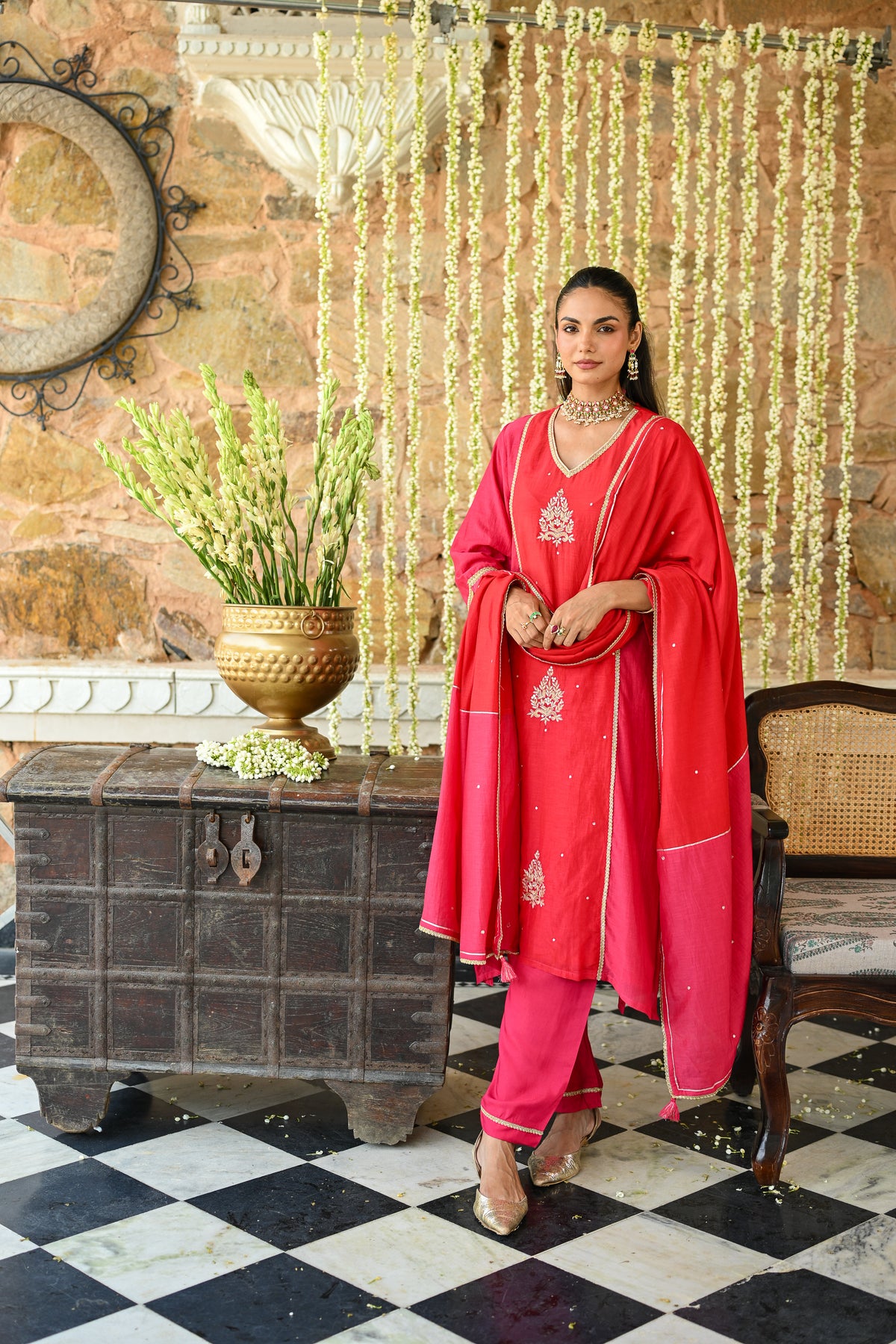 Pink and Orange Tyohaar Gota Work Mul Chanderi Suit Set