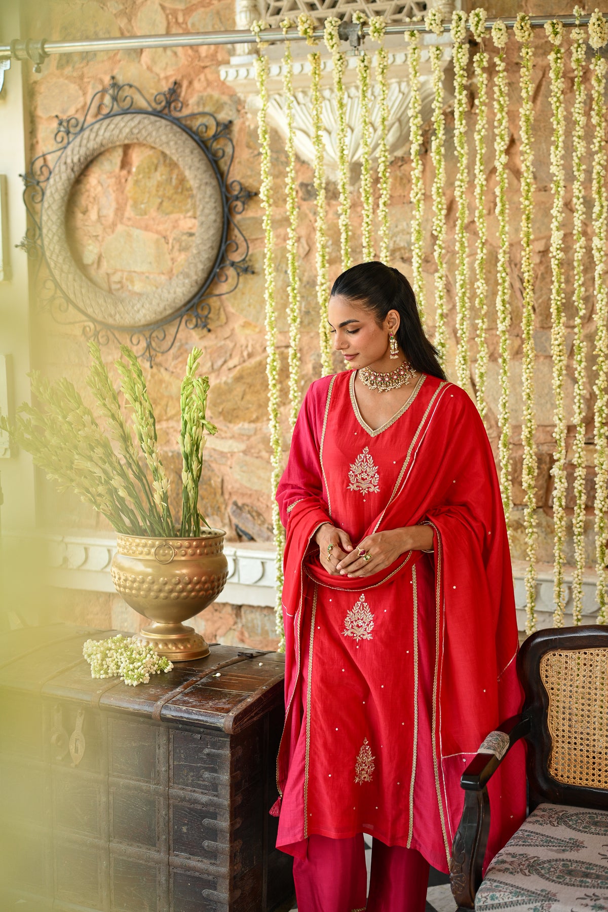 Pink and Orange Tyohaar Gota Work Mul Chanderi Suit Set
