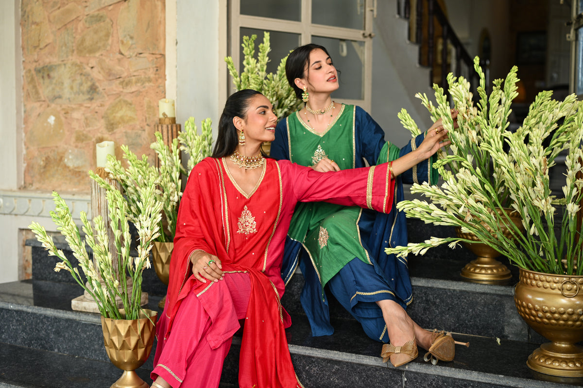 Pink and Orange Tyohaar Gota Work Mul Chanderi Suit Set