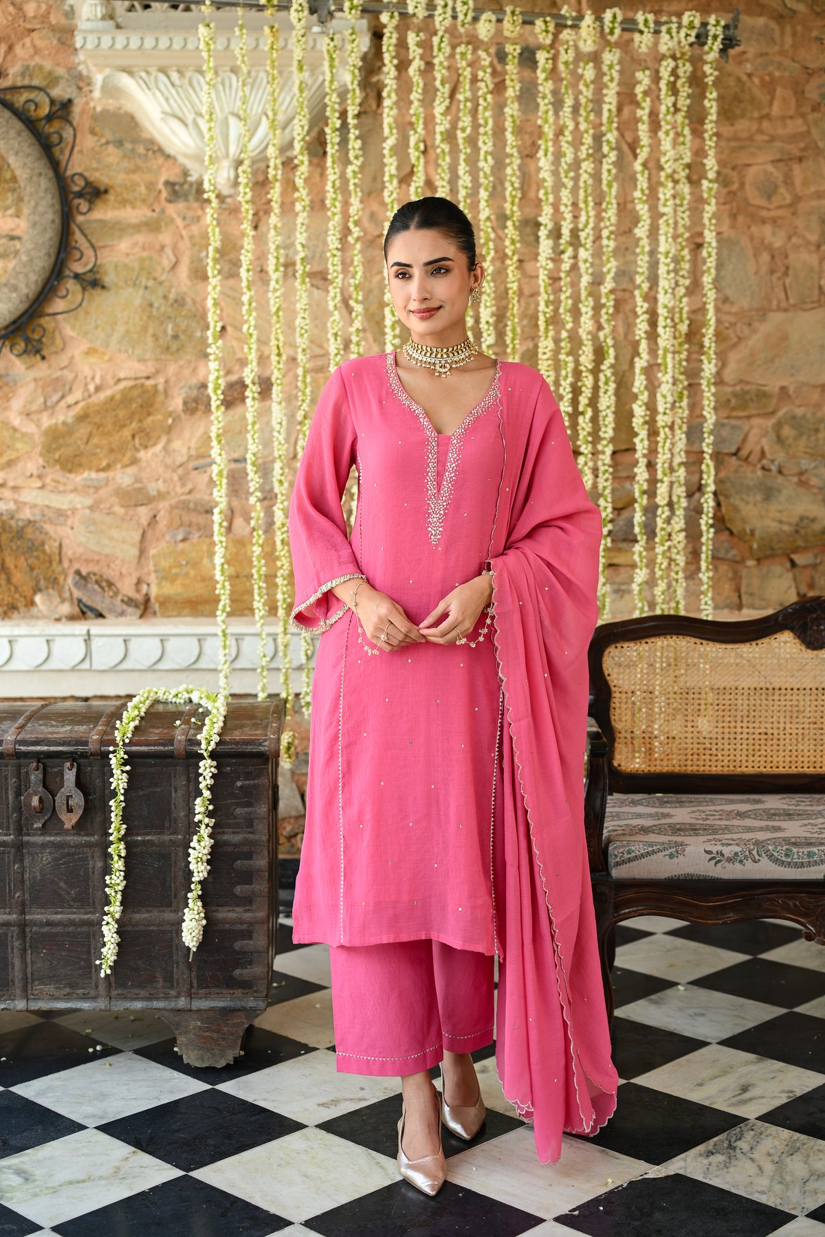 Deep Pink with Beads Pearl Work Scallope Dupatta Suit Set