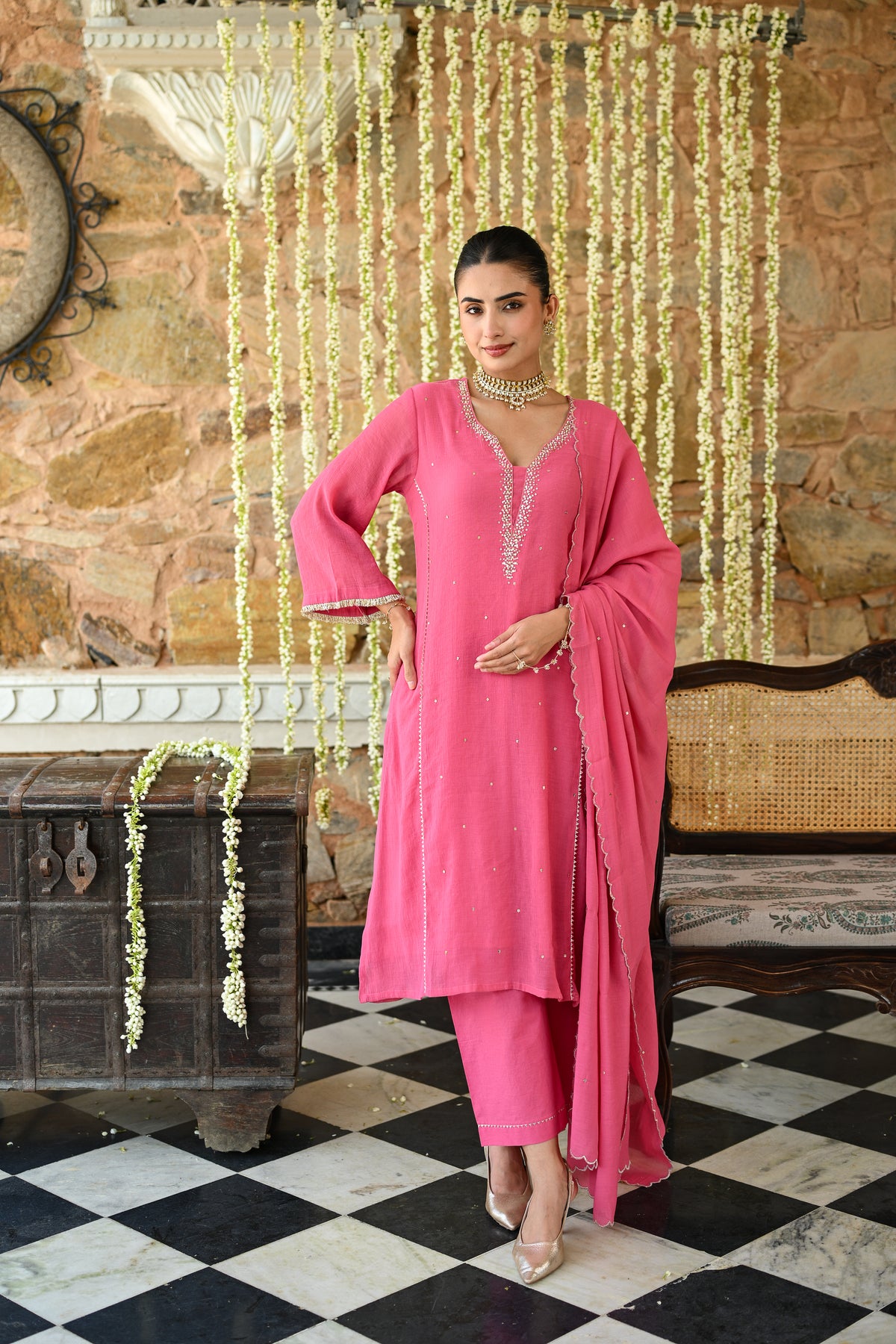 Deep Pink with Beads Pearl Work Scallope Dupatta Suit Set