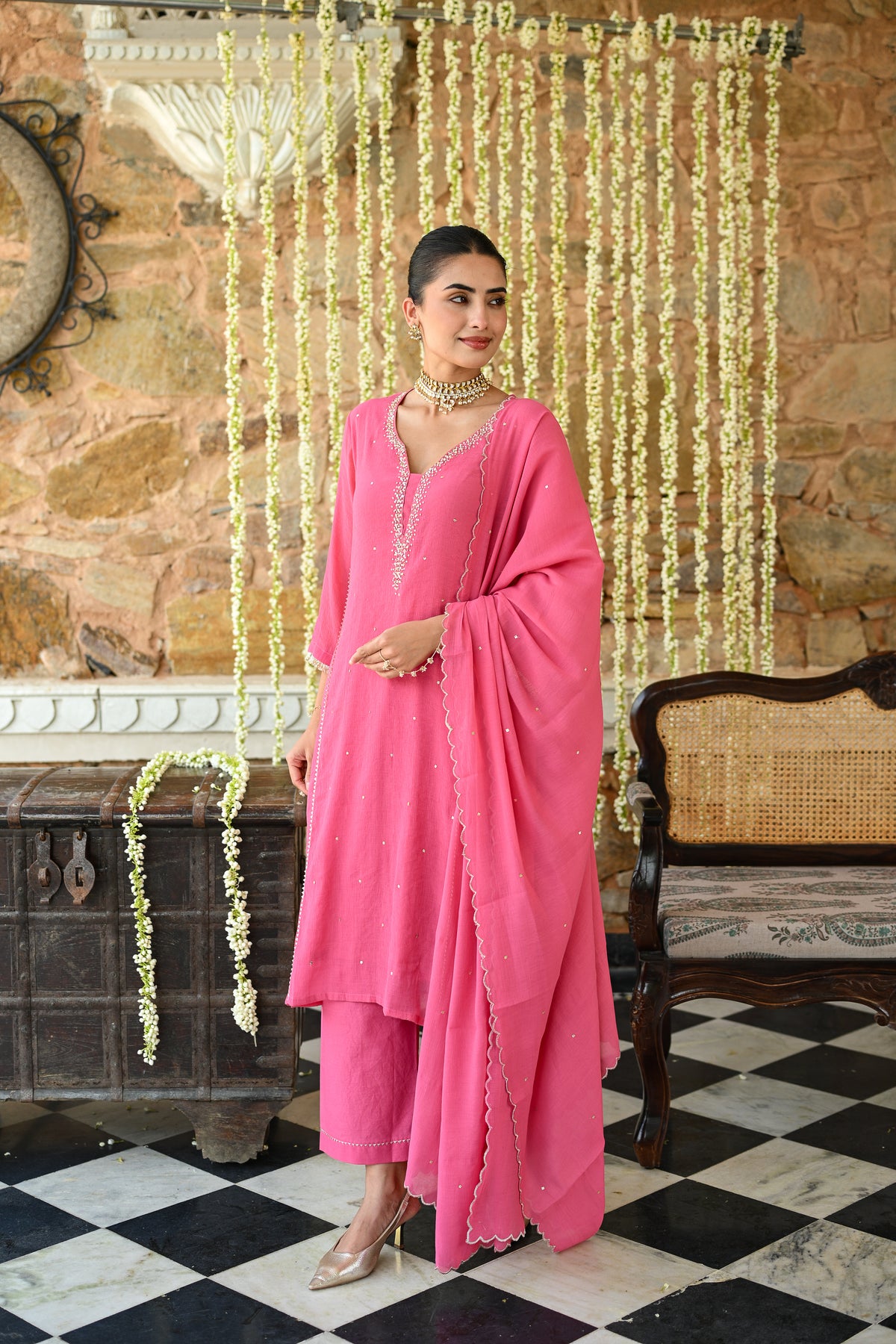 Deep Pink with Beads Pearl Work Scallope Dupatta Suit Set