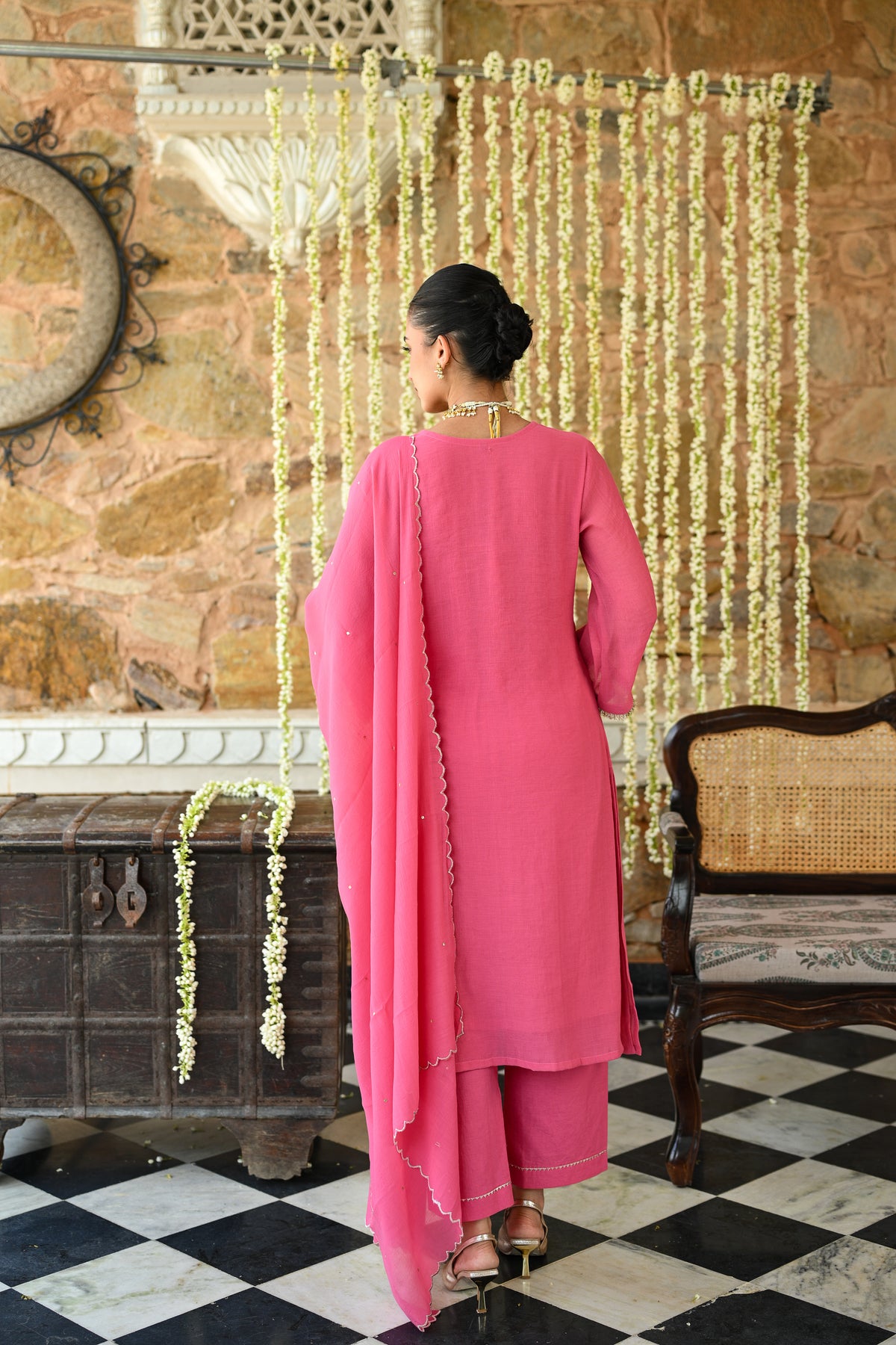 Deep Pink with Beads Pearl Work Scallope Dupatta Suit Set