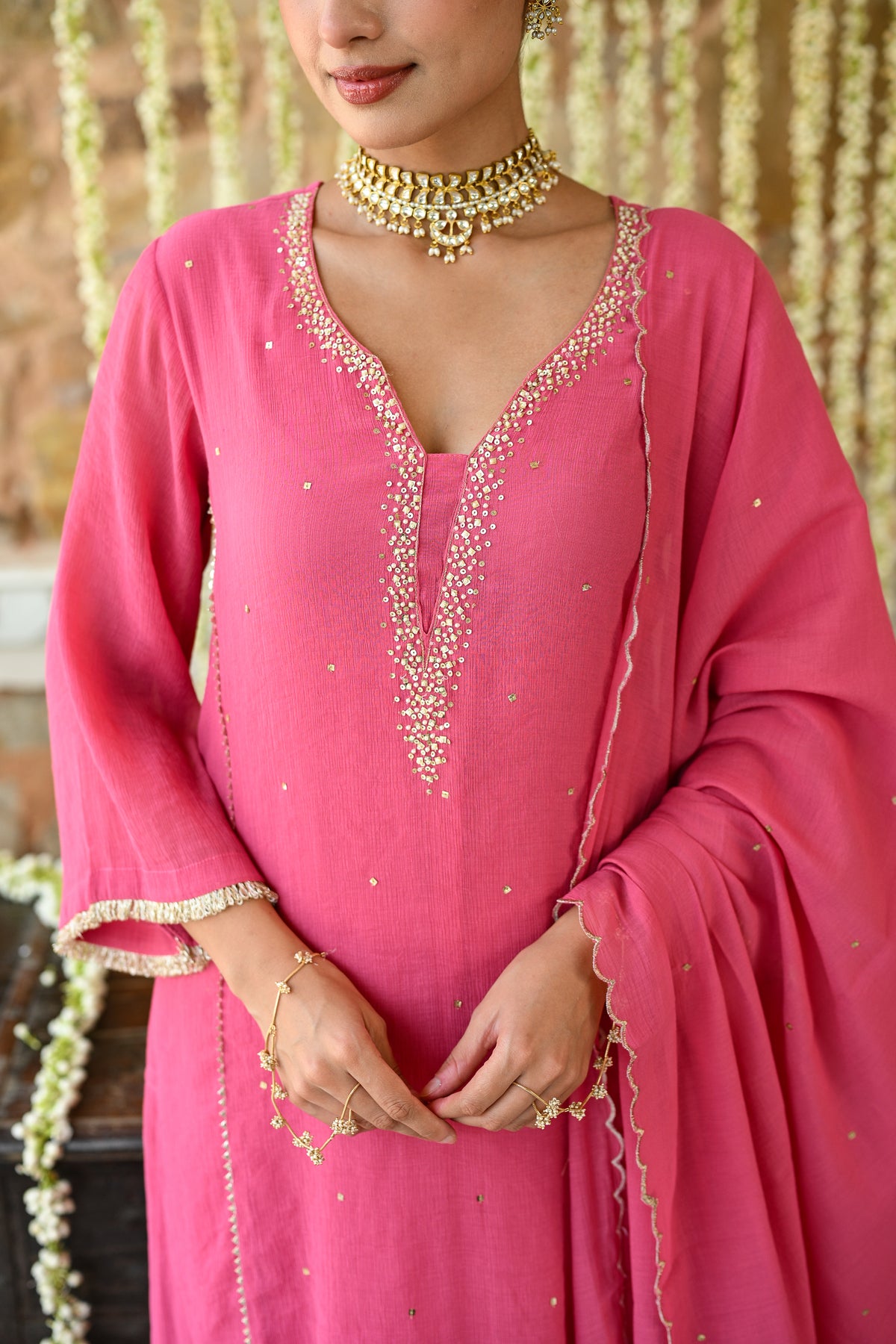 Deep Pink with Beads Pearl Work Scallope Dupatta Suit Set