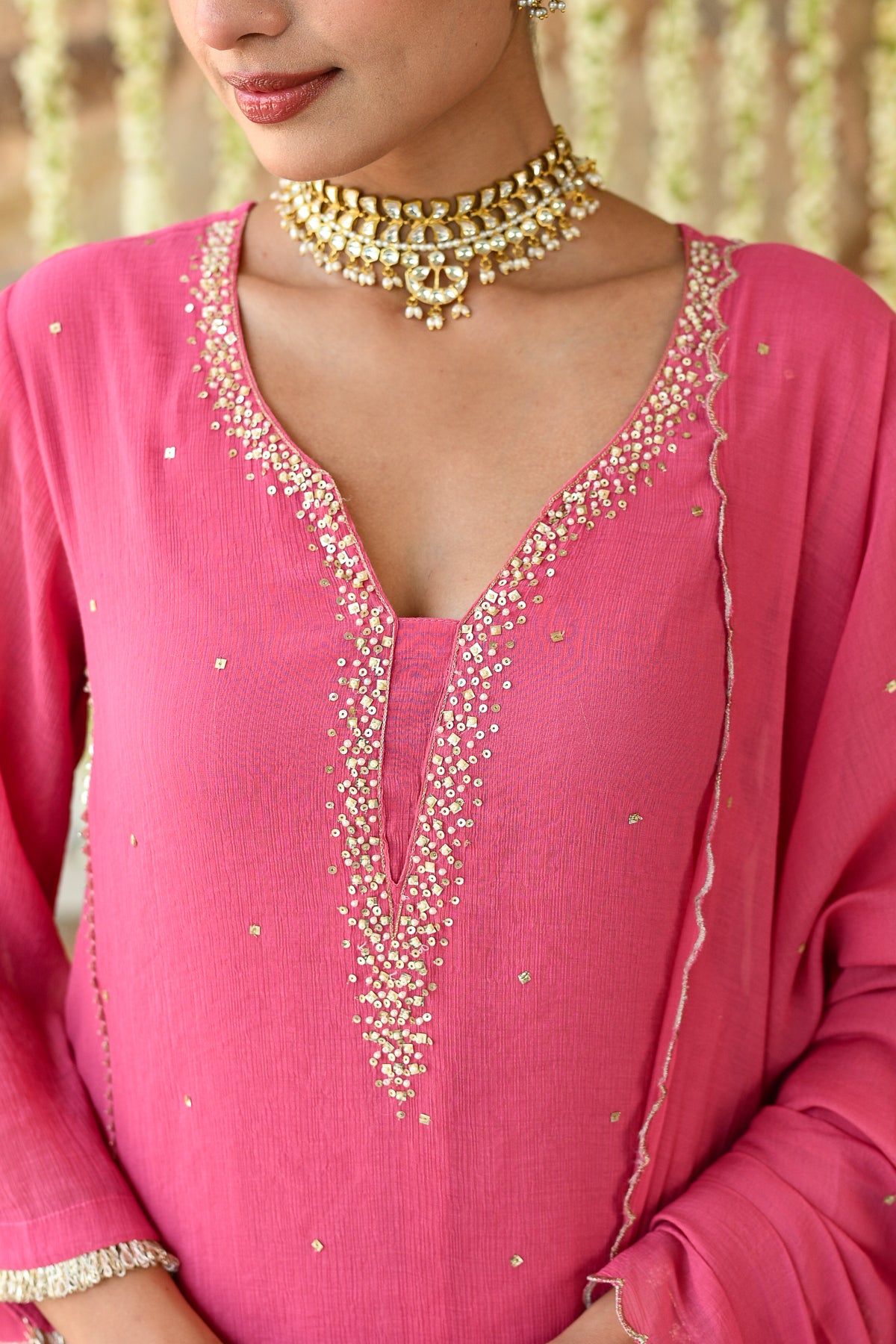 Deep Pink with Beads Pearl Work Scallope Dupatta Suit Set