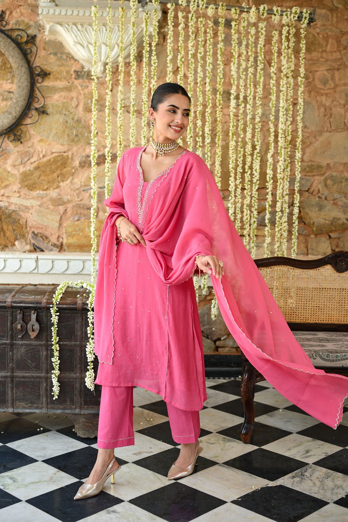 Deep Pink with Beads Pearl Work Scallope Dupatta Suit Set