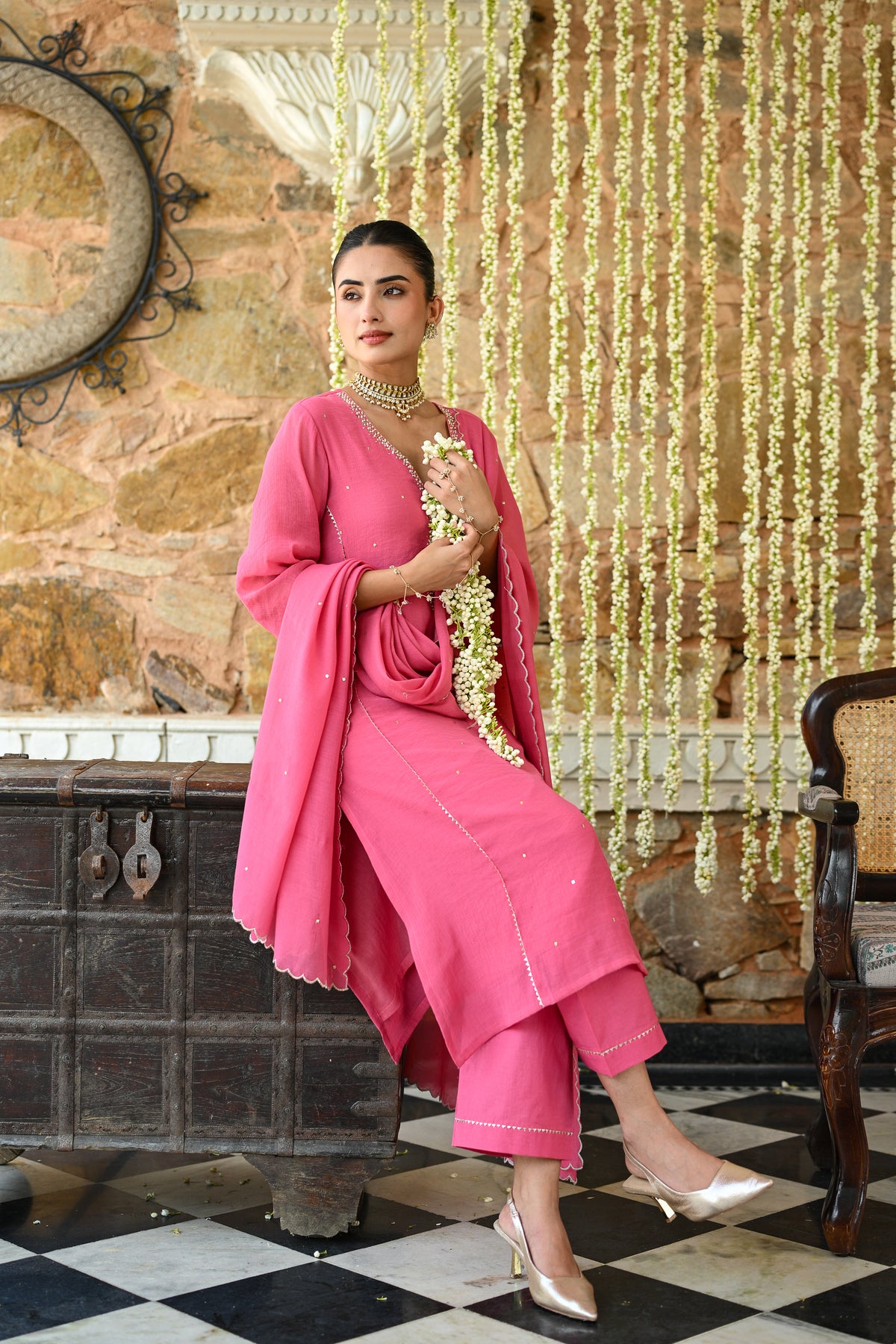 Deep Pink with Beads Pearl Work Scallope Dupatta Suit Set