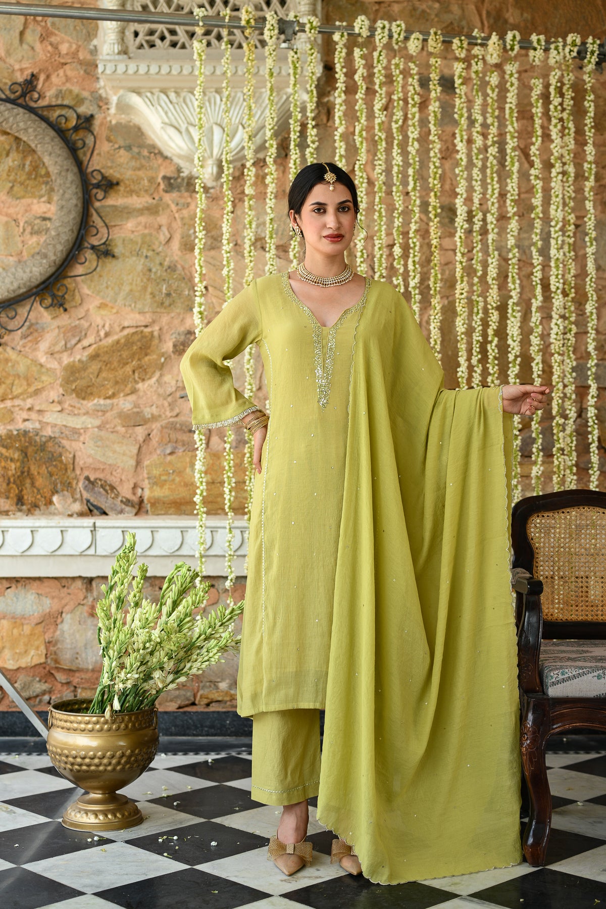 Yellowish Green with Beads Pearl Work Scallope Dupatta Suit Set