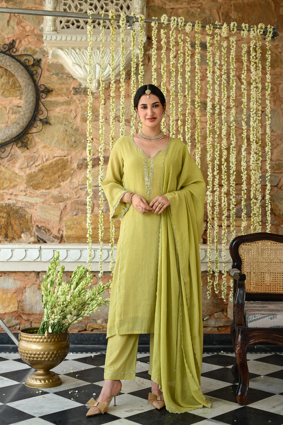 Yellowish Green with Beads Pearl Work Scallope Dupatta Suit Set