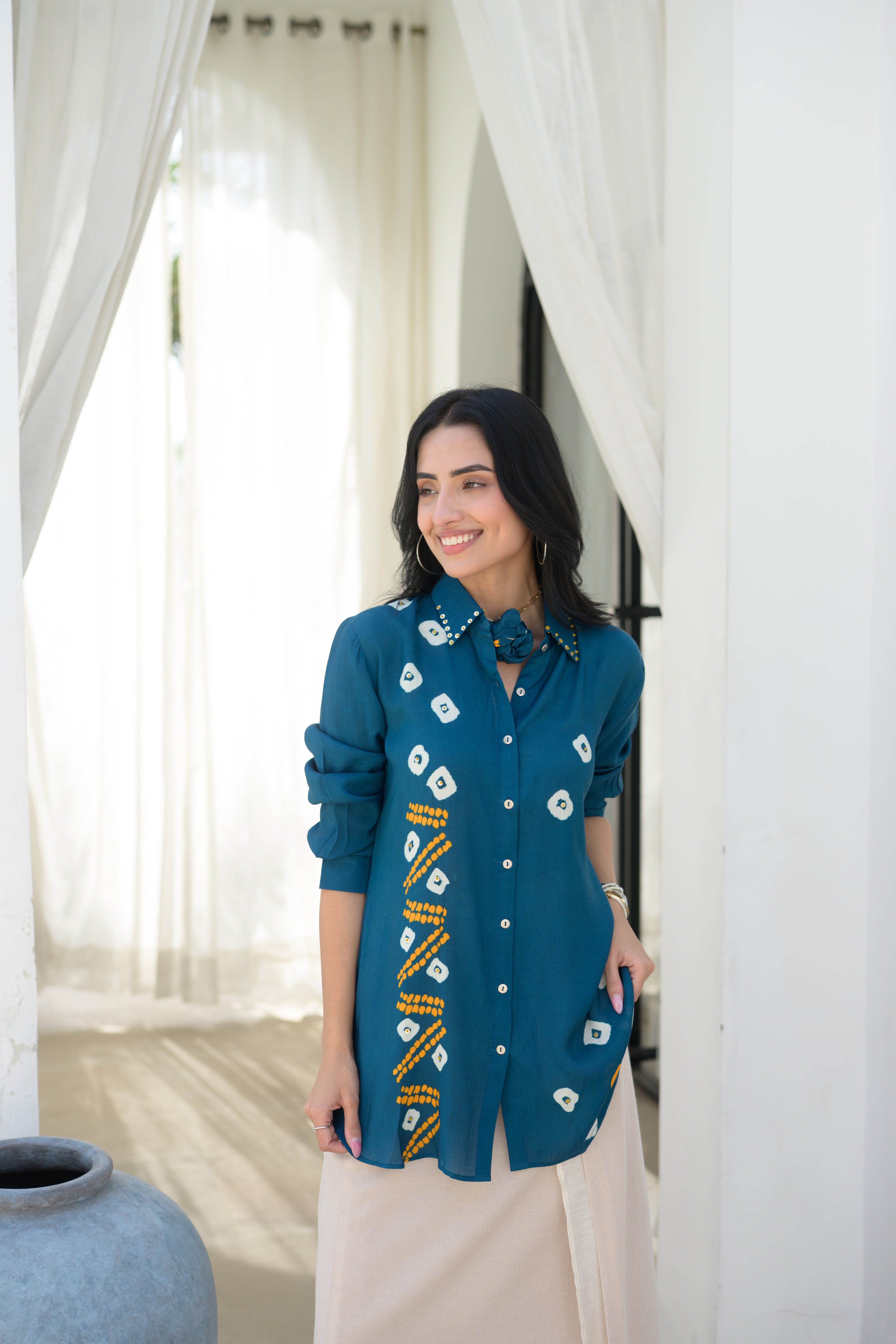 Teal Blue Bandhani Muslin Kurta Shirt