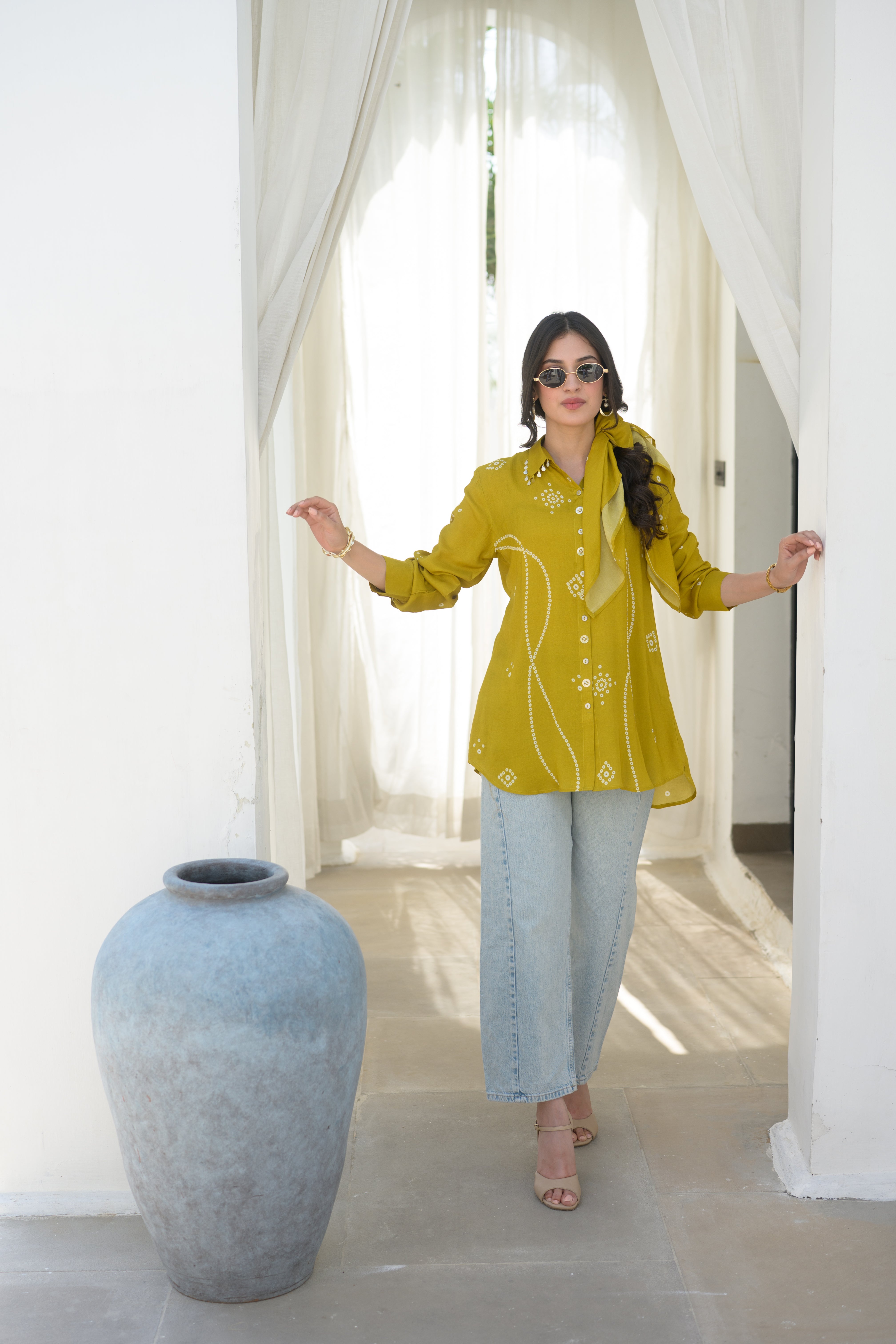 Yellow Bandhani Print Muslin Shirt