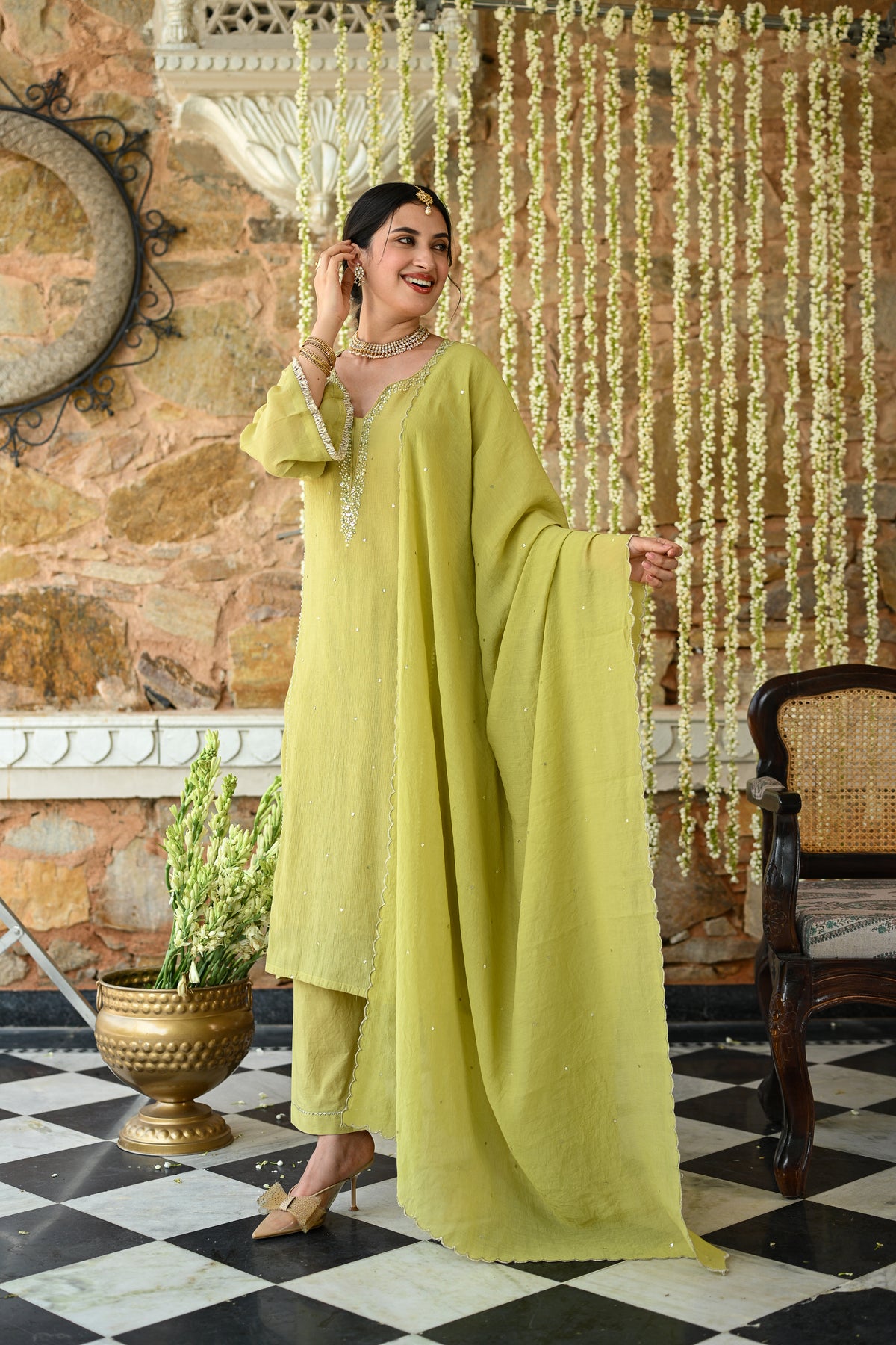 Yellowish Green with Beads Pearl Work Scallope Dupatta Suit Set