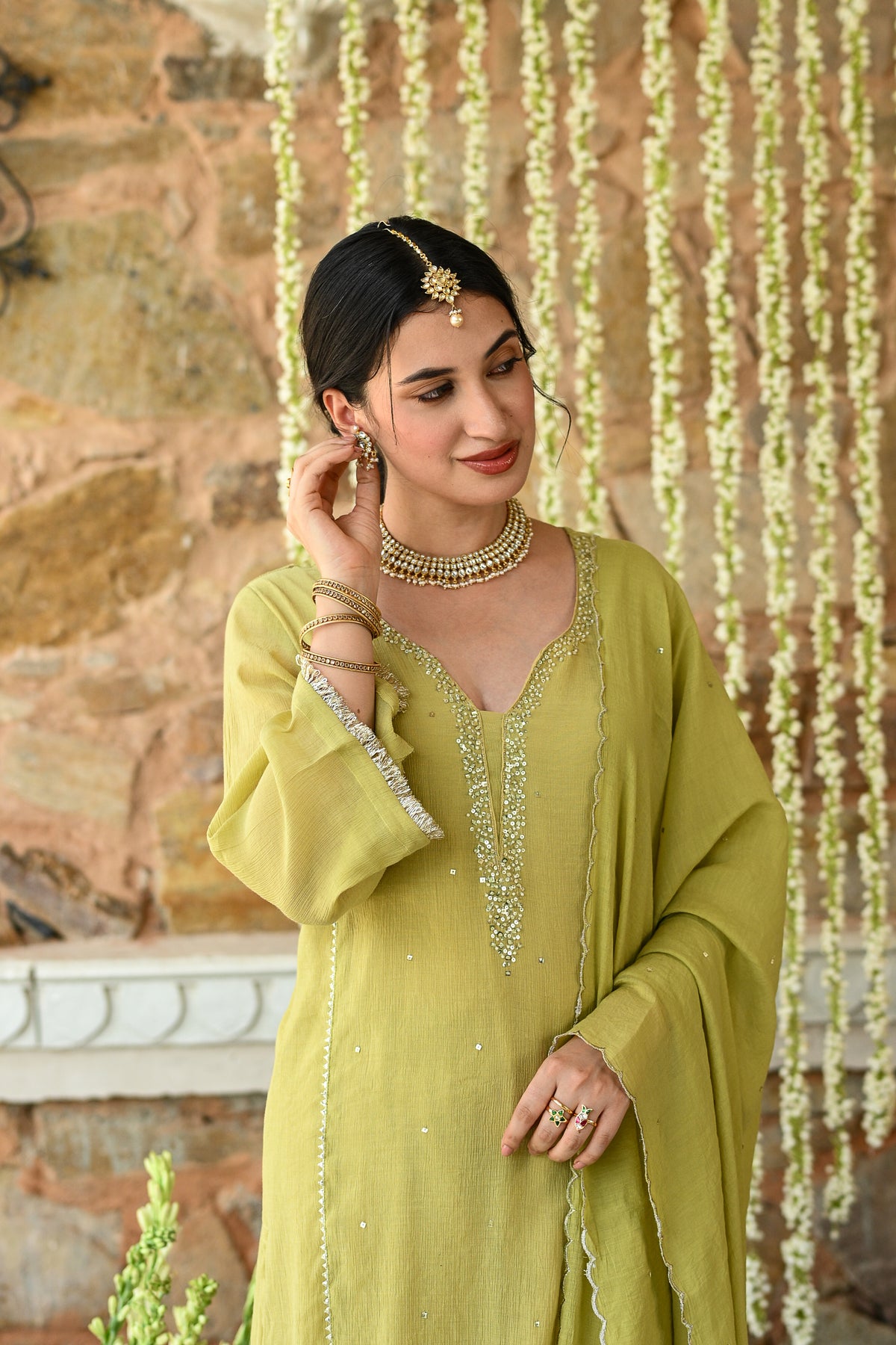 Yellowish Green with Beads Pearl Work Scallope Dupatta Suit Set