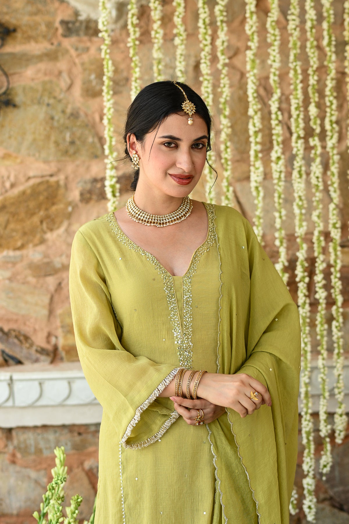 Yellowish Green with Beads Pearl Work Scallope Dupatta Suit Set