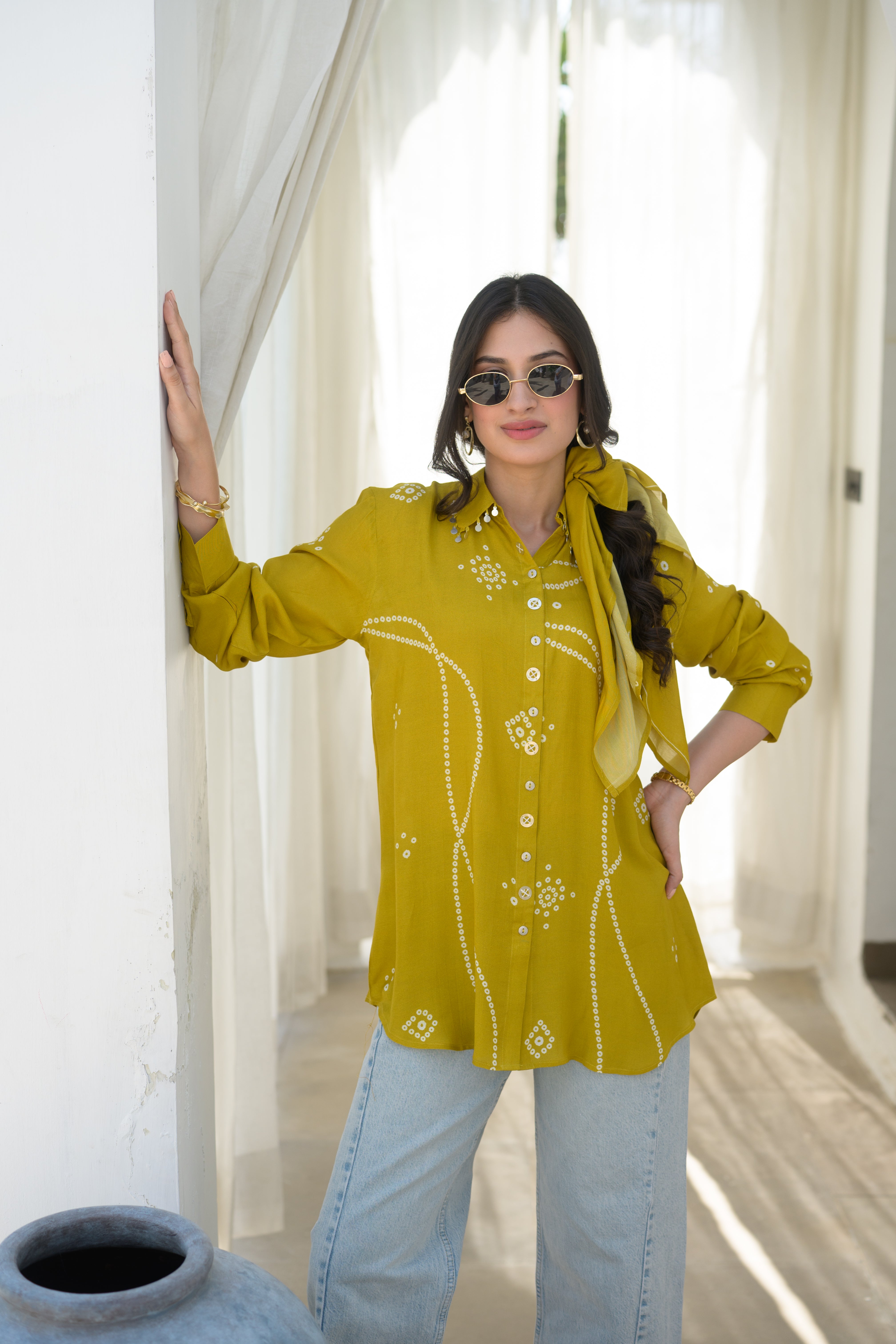 Yellow Bandhani Print Muslin Shirt