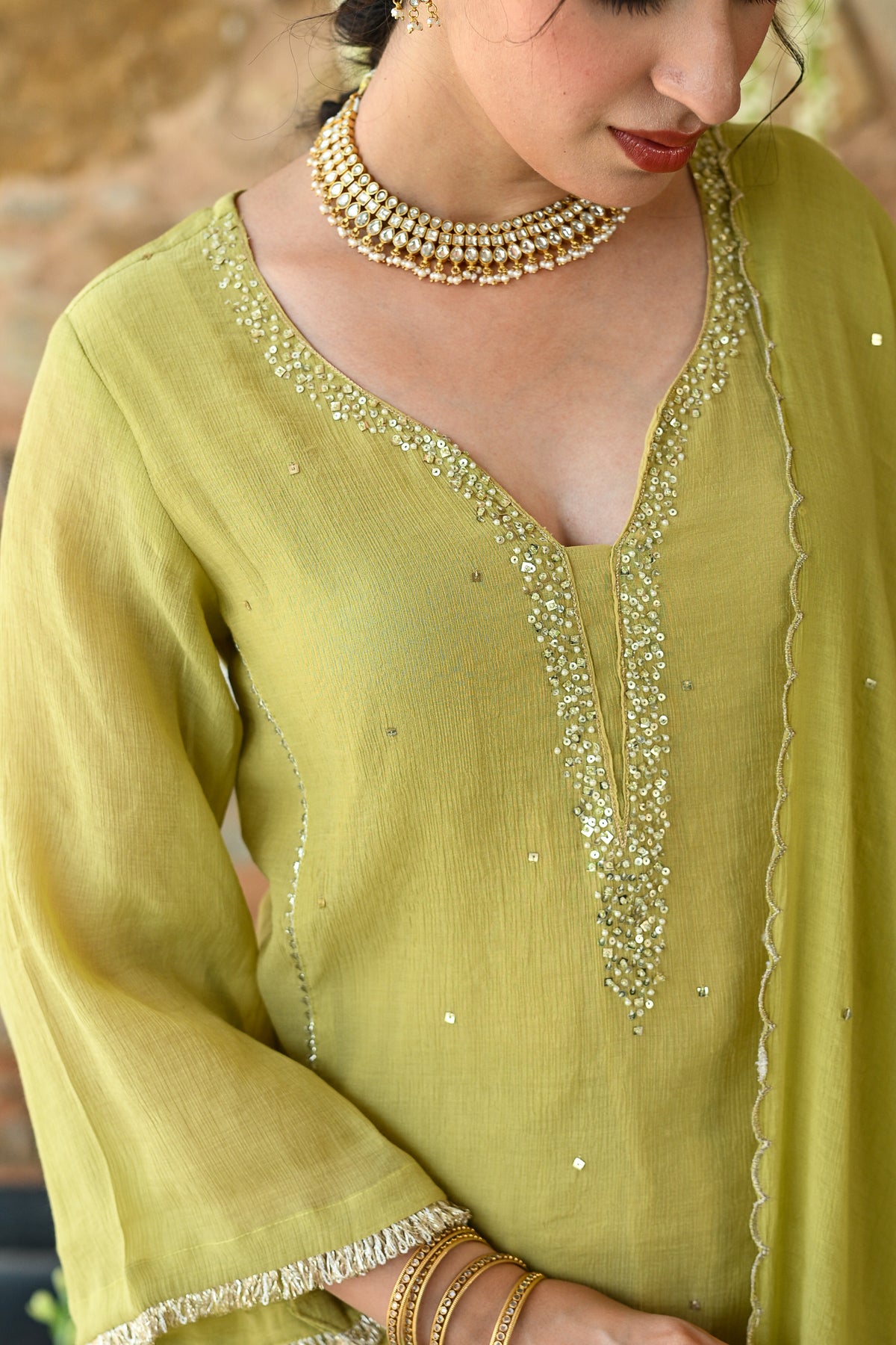 Yellowish Green with Beads Pearl Work Scallope Dupatta Suit Set