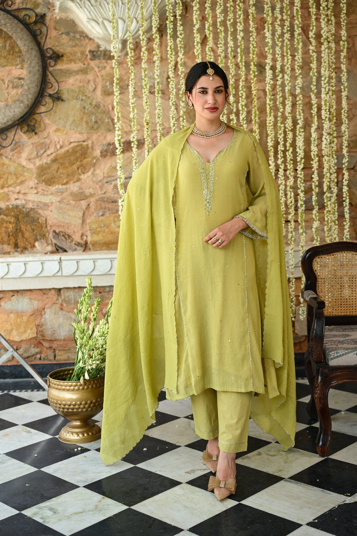 Yellowish Green with Beads Pearl Work Scallope Dupatta Suit Set