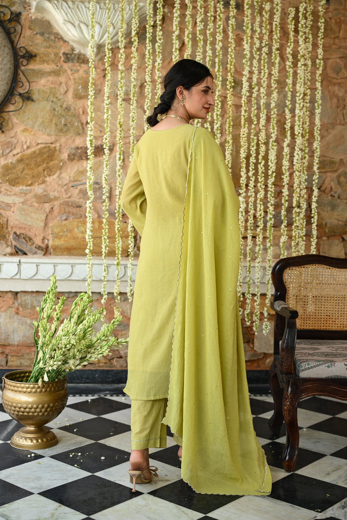 Yellowish Green with Beads Pearl Work Scallope Dupatta Suit Set